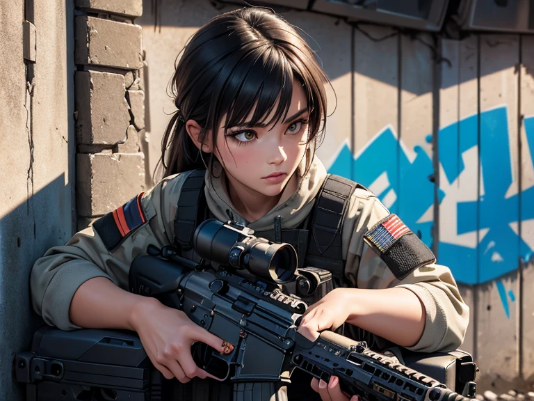 best quality), (high detail), (vivid colors), (tactical style), (tactical), (Close up), (1girl), sexy militant woman with a assault rifle, leaning against a damaged wall with bullet holes in it, HDR, 4K, 3D, graffiti art style.