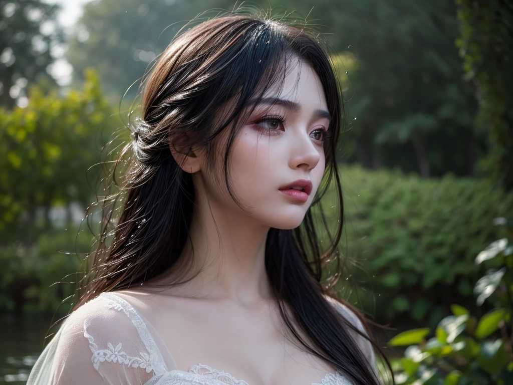 (best quality,4k,8k,highres,masterpiece:1.2),ultra-detailed,beautiful detailed eyes, voluptupus, curvy, beautiful detailed lips,extremely detailed eyes and face,longeyelashes,realistic,photorealistic,portrait,garden,gloomy,romantic,detailed flowers,soft colors,dim lighting,shimmering raindrops,soaked gown,thin fabric,sheer,transparent,hint of silhouette,wet hair,moist skin,wet eyelashes,evocative,serene,subtle,sensual,emotionally charged,unique,artistic,expressive,18th century style,dreamy,ethereal,rainy day ambiance,quiet,suspended in time,sunset,mysterious,