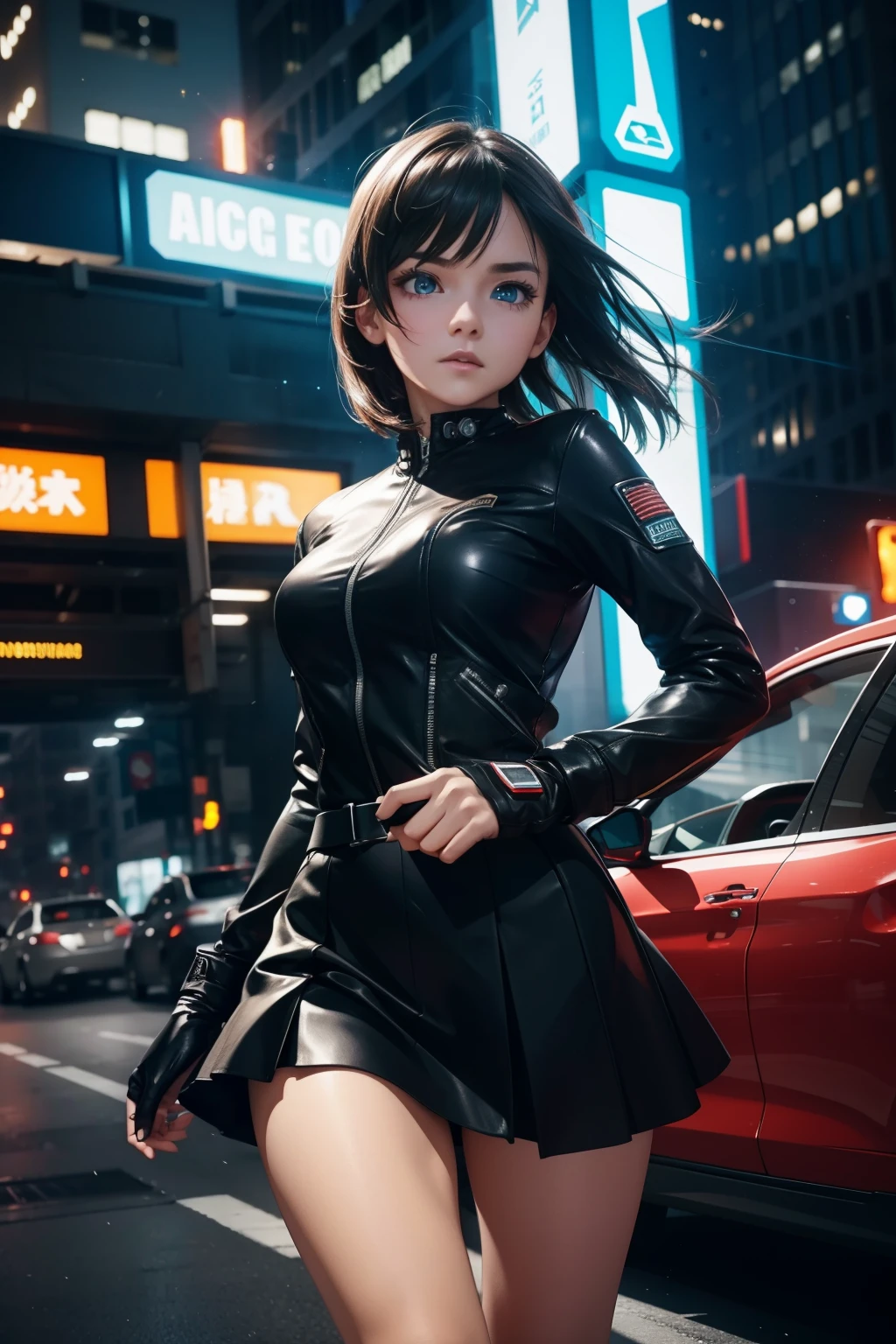Beautiful girl wearing a top with small jacket, and one leg dress, short skirt & detailed, elegant cyberpunk tatical suit, leather gloves in action cinematic movement, sharp focus, cinematic illumination, (masterpiece), best quality, expressive galaxy bright eyes, perfect face, running sideways
