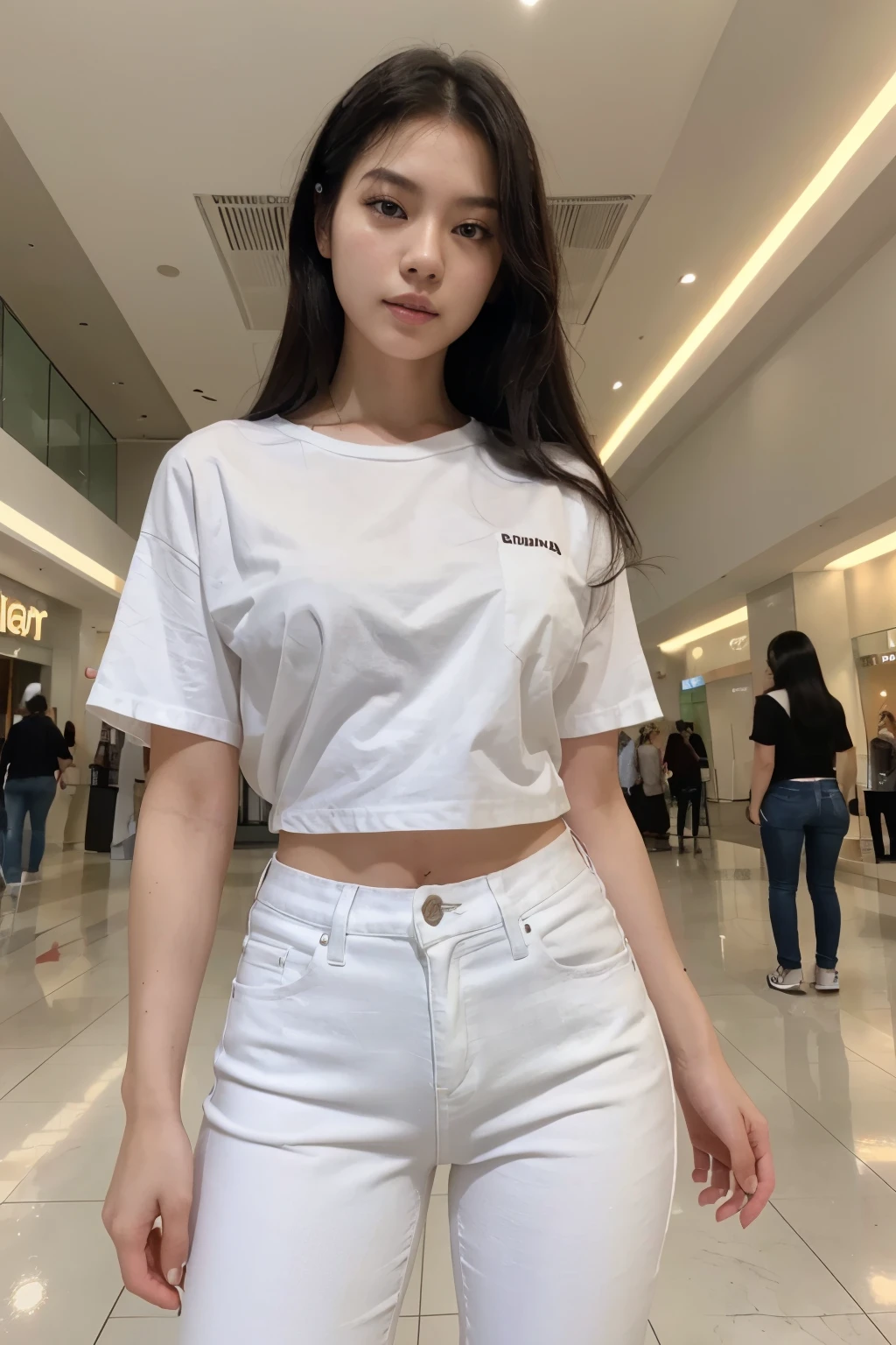 photo of a fit white skinned, korean female model, black hair, wearing white shirt and jeans, posing like a model in the mall, medium length hair, medium hair, UHD, masterpiece, high quality, best quality, highres, retina, textured skin