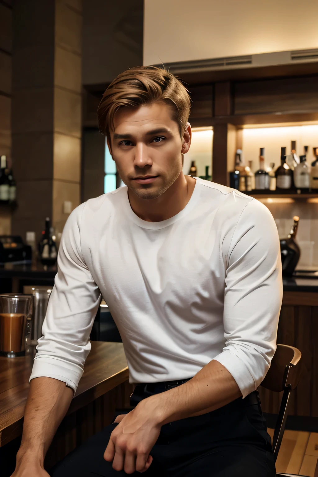 30 year old nordic male, slim body, brown/blonde short hair. stock Photography of the film ,4 Kodak Portra 400 ,camera f1.6 lentes ,colores ricos ,hiperrealista ,textura realista, Dramatic lighting, CineStill 800. sitting in bar, drink beside him, wearing a white long sleeve shirt