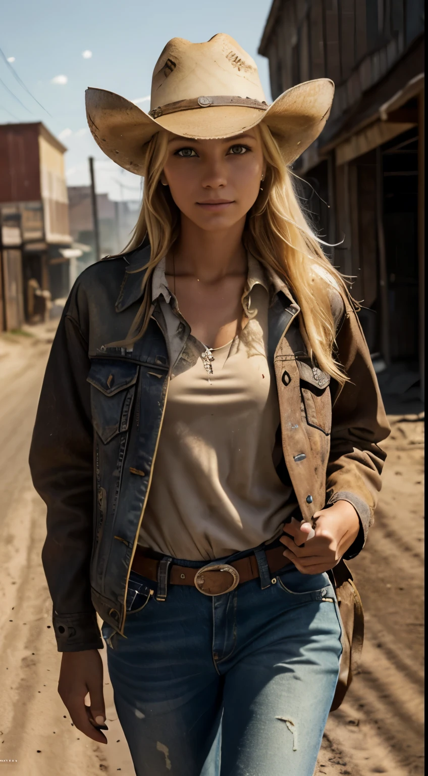 Foto hiperrealista en primer plano de 20 years old Maria Bello, masterpiece, best quality, (photorealistic:1.4), (cowboy outfit, jacket over shirt, dirty pants, cowboy hat) Create dystopian masterpieces. Western theme, dusty atmosphere, wooden buildings, a setting sun casting long shadows, aged and worn costumes, anticipation in the air, intense standoff, empty street, deserted town, beautiful woman, skinny, small breasts, straight blond hair, detailed face, smile, photo taken from a distance, age 20 tears old