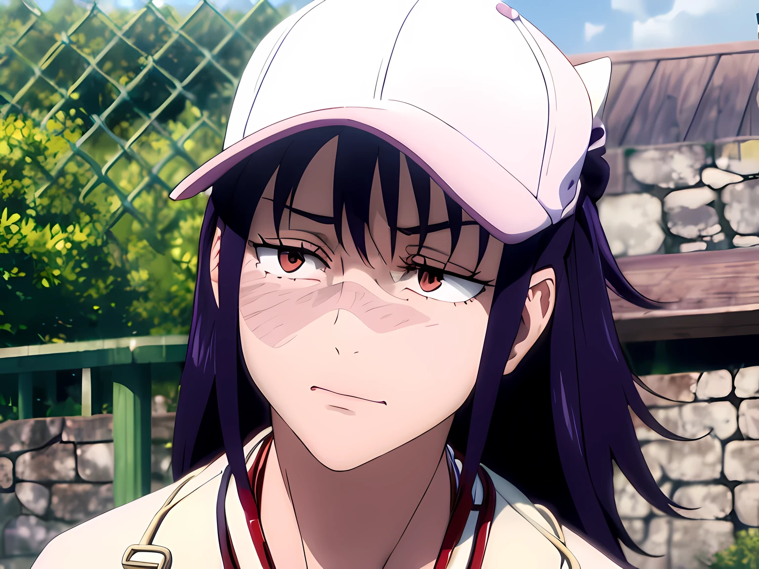 Iori, scar on face, long hair, brown eyes, hair bow, blurry, bangs, scar on cheek, purple hair, ponytail, baseball cap, close up, 1girl, face, looking at camera, calling on the phone, purse strap, masterpiece, best quality, super detailed, white baseball clothing