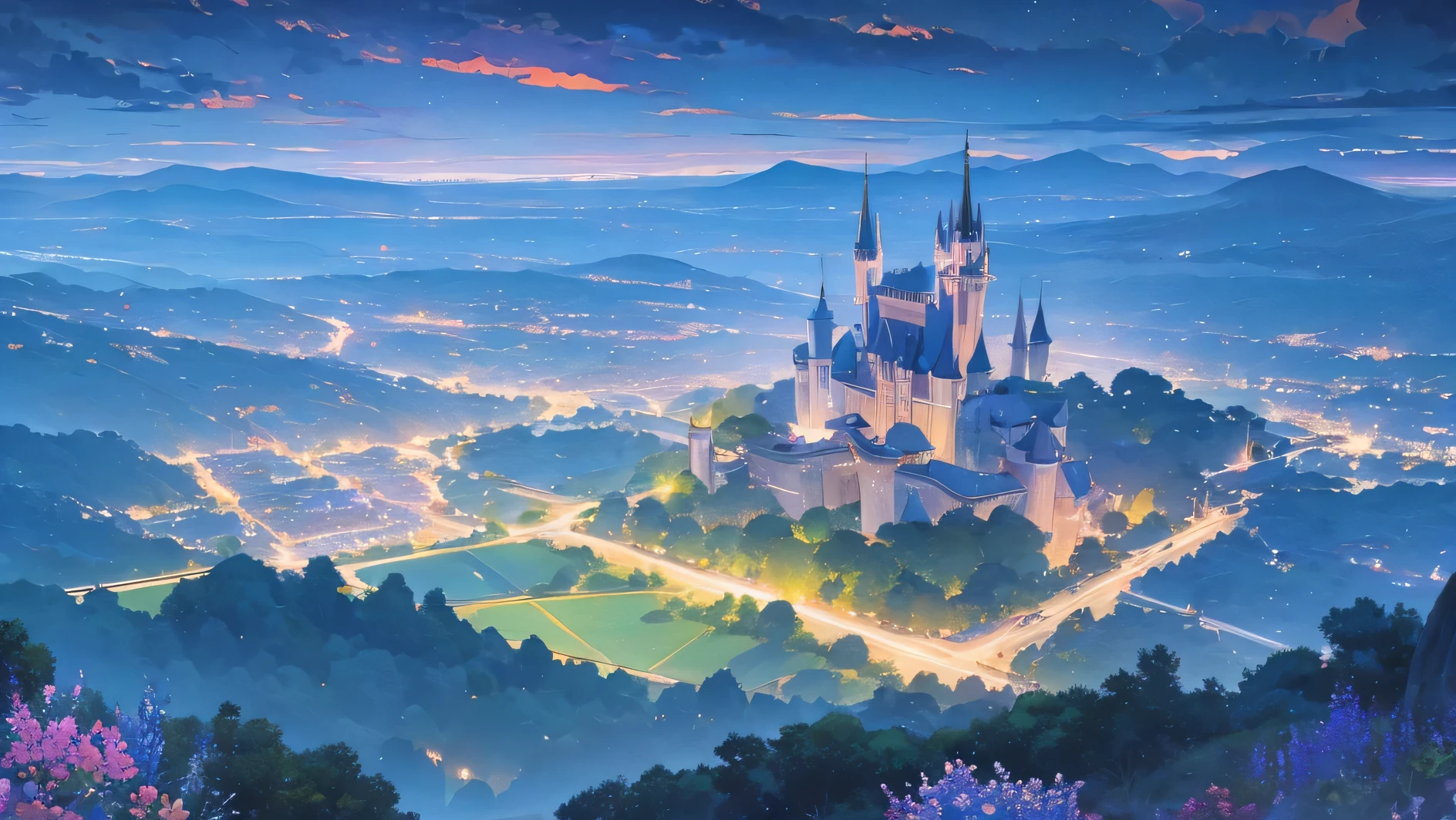 beautiful castle disney and black sky in the night with clouds and stars, it's a valley with a castle, a lake with flowers and lights