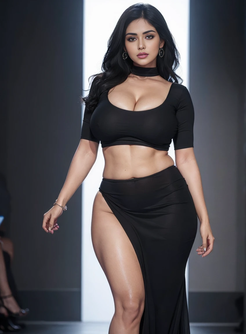 ((Sexy girl named Emma), ((A very cute caucasian girl poses boldly on fashion stage), 1 girl, (milf), (long beautiful face), clear face, (( black grey fashion dress)), body covered dress, ((grey black stylish fashion dress)), ((different different types of fashion dress)), ((((Huge breasts)))), no breasts, coverd, (((fashion dress))), (( stylish fashion dress)), waist curve pose, front side, (8k, RAW photo, top quality, masterpiece), (Realistic, photorealistic: 1.9), ((Full body shot)), stylish pose, (Highly detailed skin: 1.2), Photos, masterpieces, top quality, crowd background, men around her, crowd area, (beautiful blue eyes, gorgeous pale grey black curly hair, white skin, thick body, lower abdomen bristles, perfect slim figure), various poses, ultra-detailed face, detailed eyes, a lot of people are looking at her with excitement