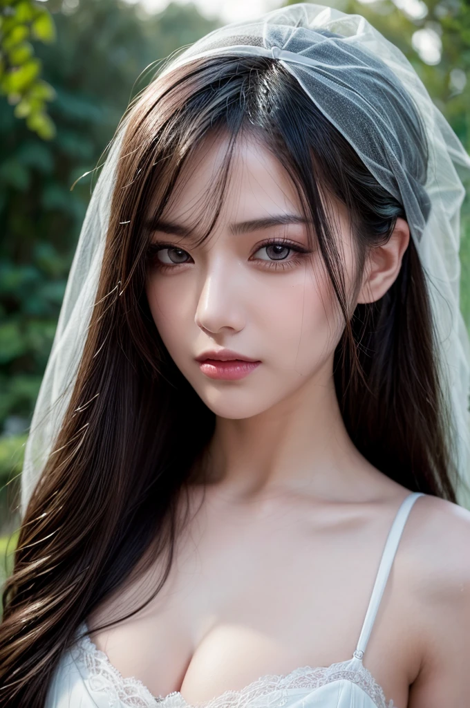 (best quality,4k,8k,highres,masterpiece:1.2),ultra-detailed,beautiful detailed eyes, voluptupus, curvy, beautiful detailed lips,extremely detailed eyes and face,longeyelashes,realistic,photorealistic,portrait,garden,gloomy,romantic,detailed flowers,soft colors,dim lighting,shimmering raindrops,soaked gown,thin fabric,sheer,transparent,hint of silhouette,wet hair,moist skin,wet eyelashes,evocative,serene,subtle,sensual,emotionally charged,unique,artistic,expressive,18th century style,dreamy,ethereal,rainy day ambiance,quiet,suspended in time,sunset,mysterious,