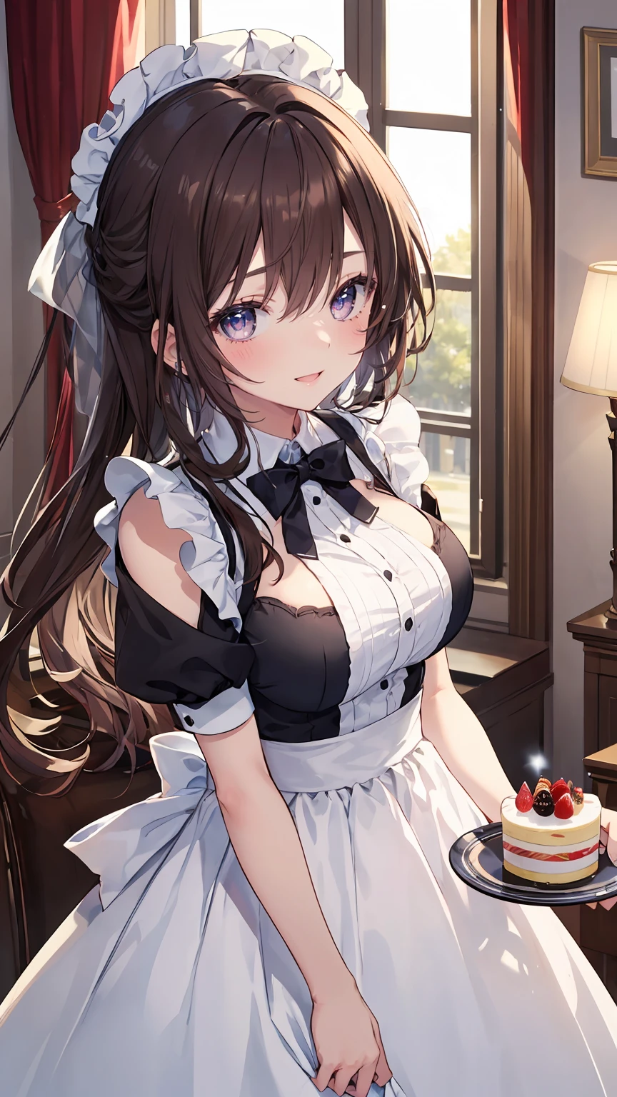 ((8Kmasterpiece,highest quality)), ultra high resolution, (masterpiece: 1.4), hyper detail, (((1 girl))),cute,perfect anatomy,beautiful and delicate eyes,purple eyes,Big eyes,shining eyes of light,Fine and long lashes,detailed light,beautiful face,((brown hair)),((Side tail)),blush,shy smile,(open your mouth),big breasts, slender body,Maid Cafe Clerks,Indoors with a pink atmosphere,cake, looking at the viewer
