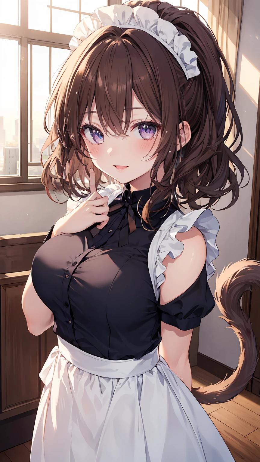 ((8Kmasterpiece,highest quality)), ultra high resolution, (masterpiece: 1.4), hyper detail, (((1 girl))),cute,perfect anatomy,beautiful and delicate eyes,purple eyes,Big eyes,shining eyes of light,Fine and long lashes,detailed light,beautiful face,((brown hair)),((Side tail)),blush,shy smile,(open your mouth),big breasts, slender body,Maid Cafe Clerks,Indoors with a pink atmosphere,cake, looking at the viewer