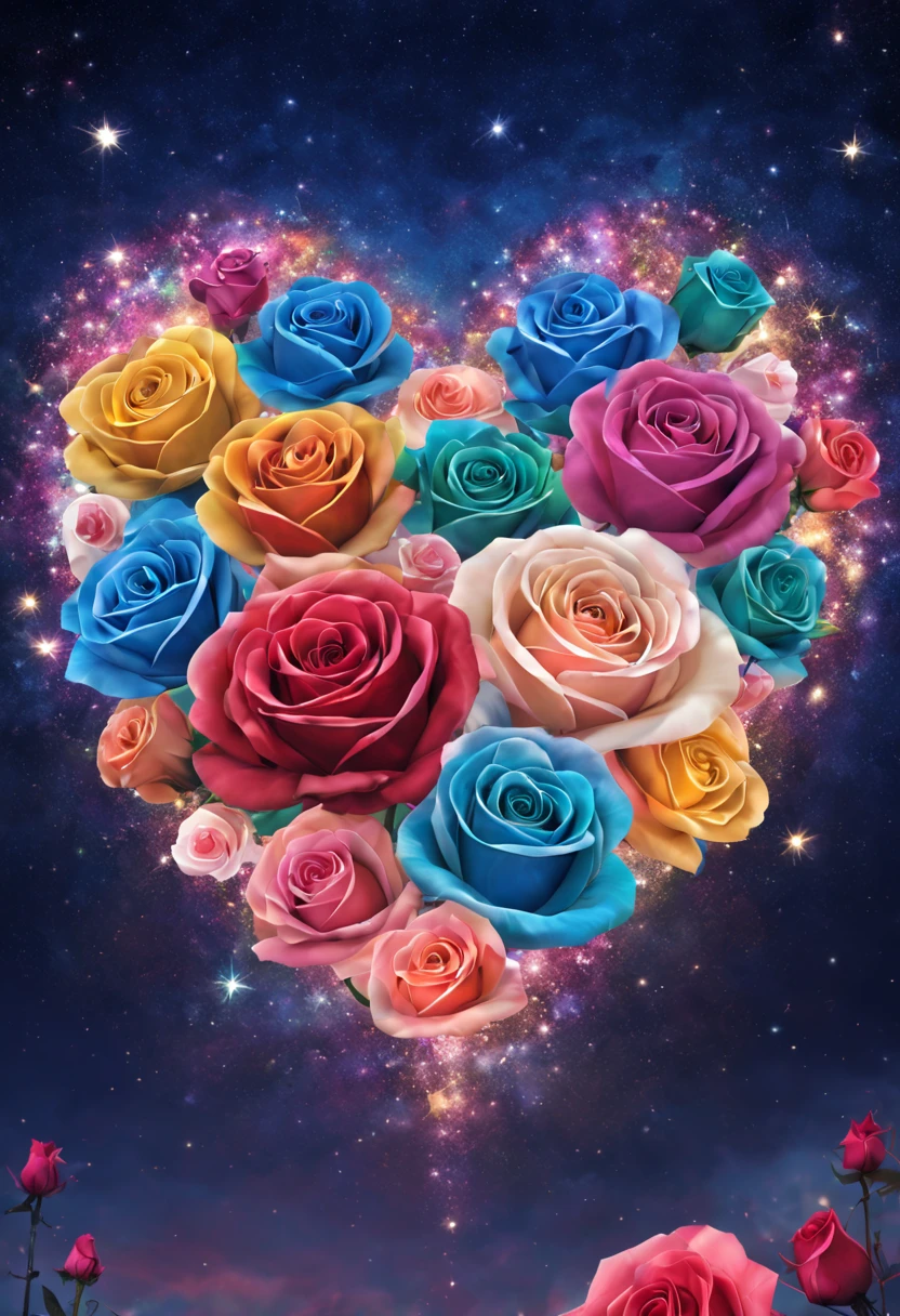 Colorful roses in heart shape(close up) Bright color starry sky background sparkling, HD, Surreal, colorful, ethereal silhouette、Art super detailed、Exquisite and beautiful、masterpiece、Quality content is very detailed、Dynamic angles and elegant atmosphere