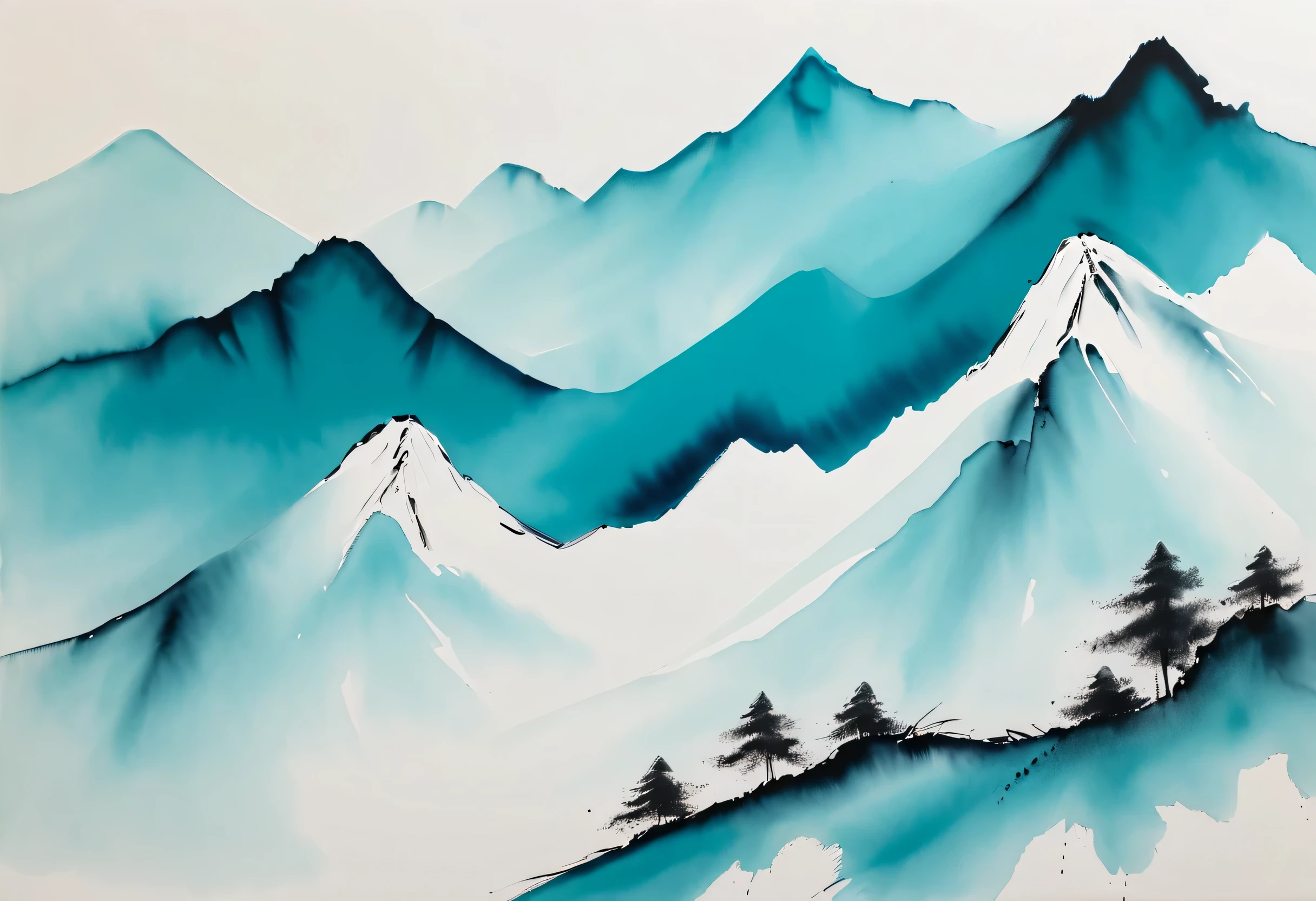 chinese brush painting, Cyan and white, minimal, Lines, White background,no human,mountain