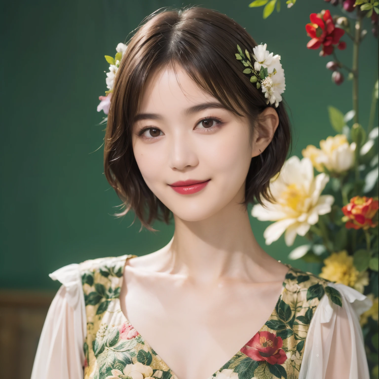148
(20 year old woman,Floral costume), (surreal), (High resolution), ((beautiful hairstyle 46)), ((short hair:1.46)), (gentle smile), (breasted:1.1), (lipstick)