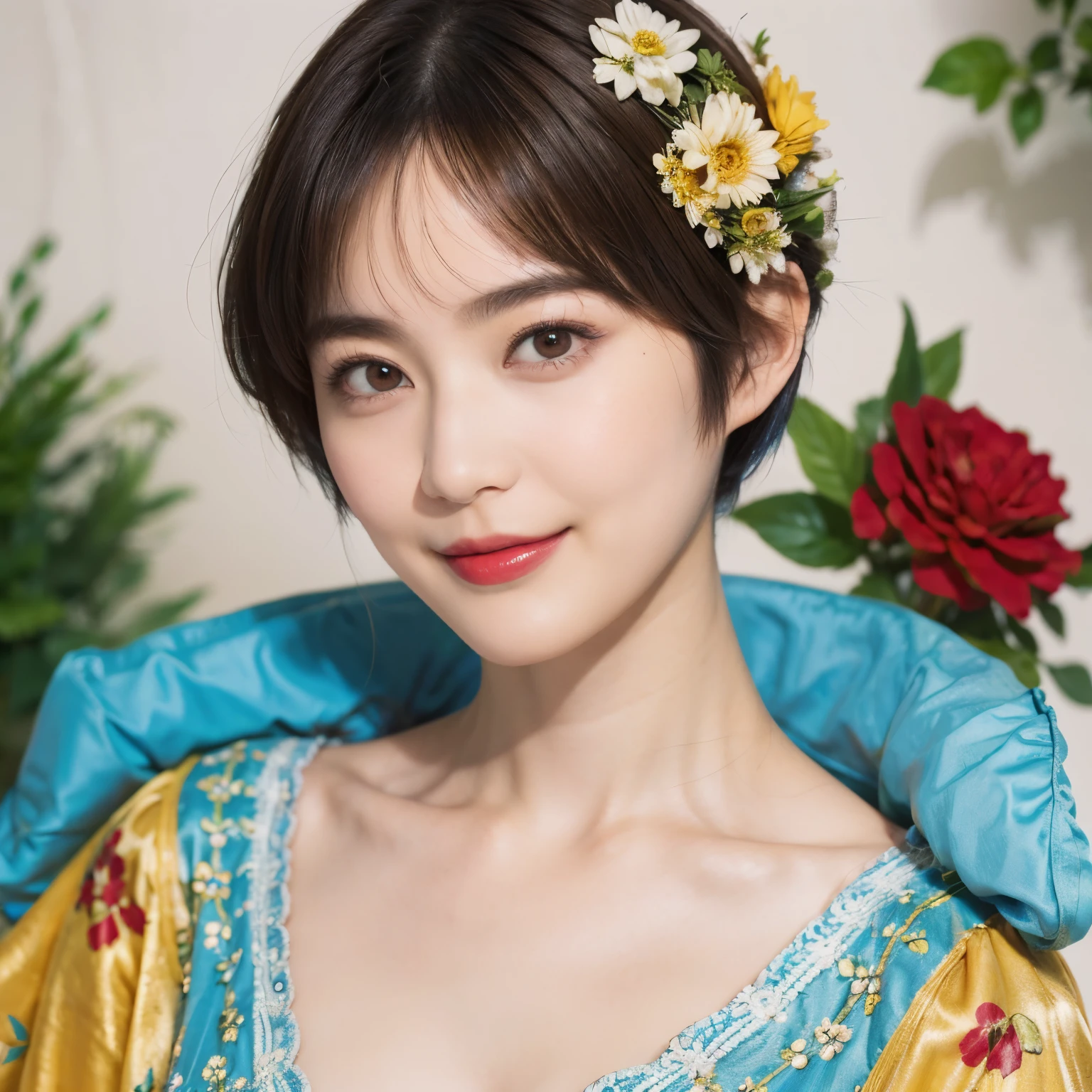 148
(20 year old woman,Floral costume), (surreal), (High resolution), ((beautiful hairstyle 46)), ((short hair:1.46)), (gentle smile), (breasted:1.1), (lipstick)