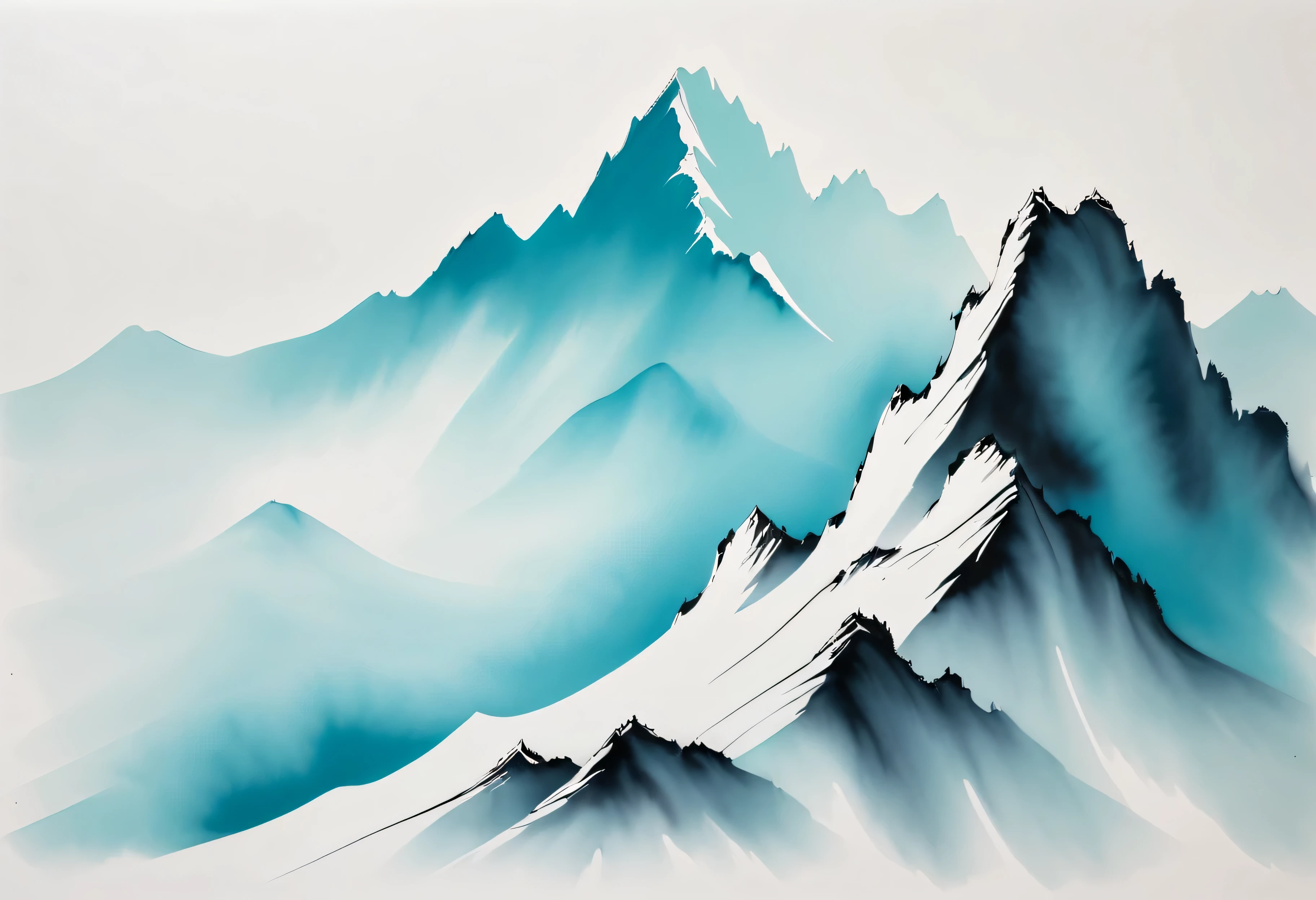 chinese brush painting, Cyan and white, minimal, Lines, White background,no human,mountain