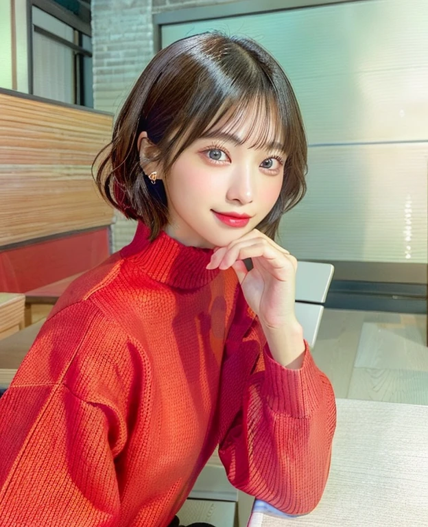 (Super realistic), (An illustration), (High resolution), (8K), (very detailed), (最高のAn illustration美しい詳細な目), (highest quality), (Super detailed), (masterpiece), (wall-), (details face), (Beautiful smile)、(beautiful expression)、medium long cut hair、Ear hooks with bangs、solo、(((cute japanese girl)))、highest quality、8K、At 32K、masterpiece、ticker:1.2)、1 girl、beautiful japanese woman、gorgeous young japanese woman, japanese model、cute type、Nogizaka series、gravure model、Super detailedな顔、Super detailedな目、Super detailedなボディ、Super detailedな背景、Around 40 women with short hair wearing thin tops,advertising pictures、pose for a photo、japanese fashion、Japanese woman wearing black knitwear 、An arafi woman wearing a red sweater sitting at a table drinking coffee, Dilraba Dilmurat, kiko mizuhara, Chiho, beautiful images, Yoshitomo Nara, nodded, Chie Yoshii&#39;s style, wearing a red turtleneck sweater, Ayaka, various poses, pretty girl