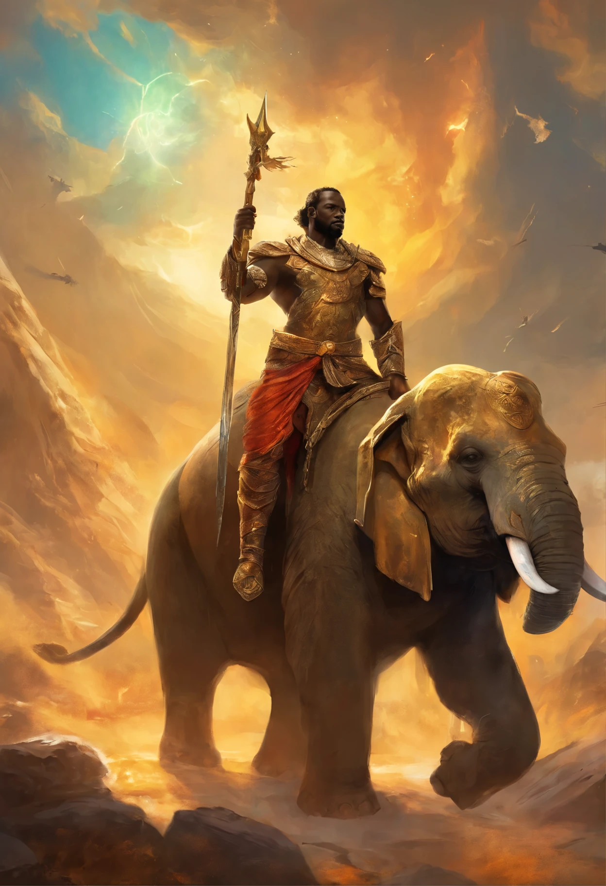 Muscular Ivory Coast Handsome Warrior Riding the Battlefield Cosmic Elephant, Lightning Yellowy, Chaos