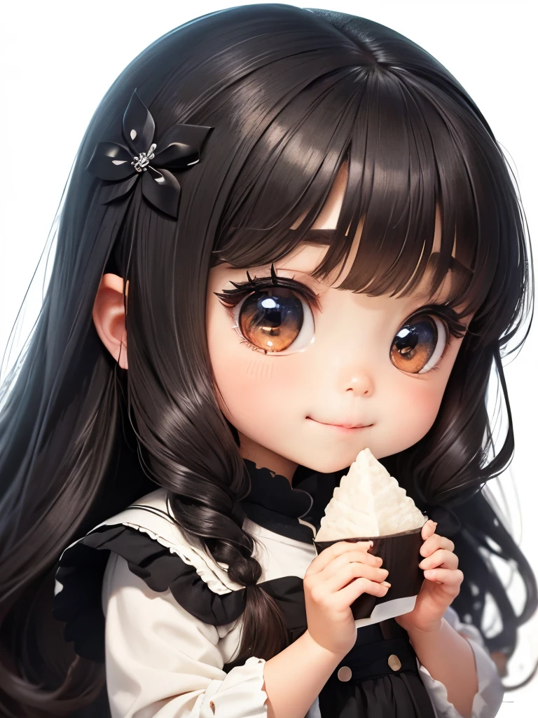 best image quality、detailed eyes、long eyelashes、A young girl happily eats a large triangular rice ball made by solidifying white rice into a triangular shape and wrapping it in black seaweed, with her mouth wide open.、A fun and cute smile、best smile、chibi character、super deformed、big head and 、Very pretty girl、long chestnut hair、Surprisingly big, round, shining eyes、