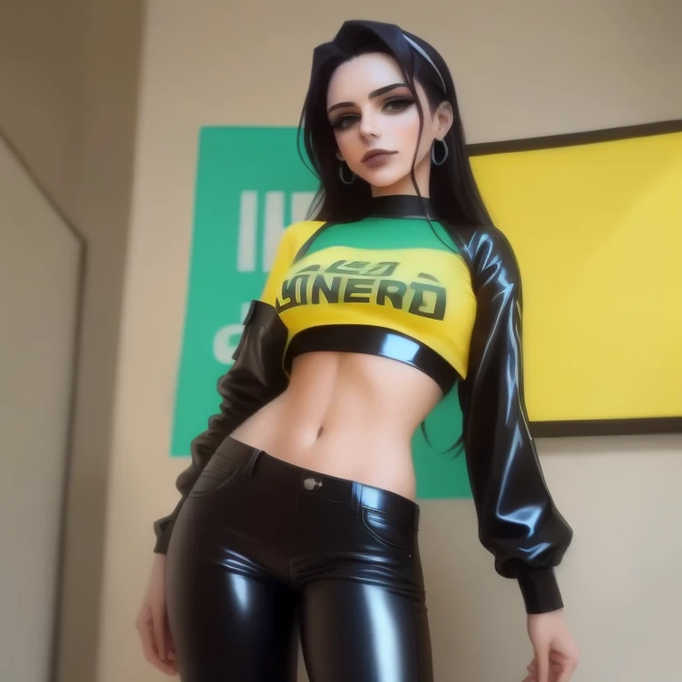 Un primer plano de una mujer con una camisa amarilla y pantalones negros, traje ajustado, 🐝👗👾, Top de cuero, camisa apretada, Usar ropa simple y ajustada, wearing camisa apretada, vistiendo un top corto amarillo, vestimenta ajustada, vistiendo un top corto sexy, ropa de cuero, dama seductora, stupid latex, hermosa sastre de jade femenina, top corto, croptop, Imagen apilada