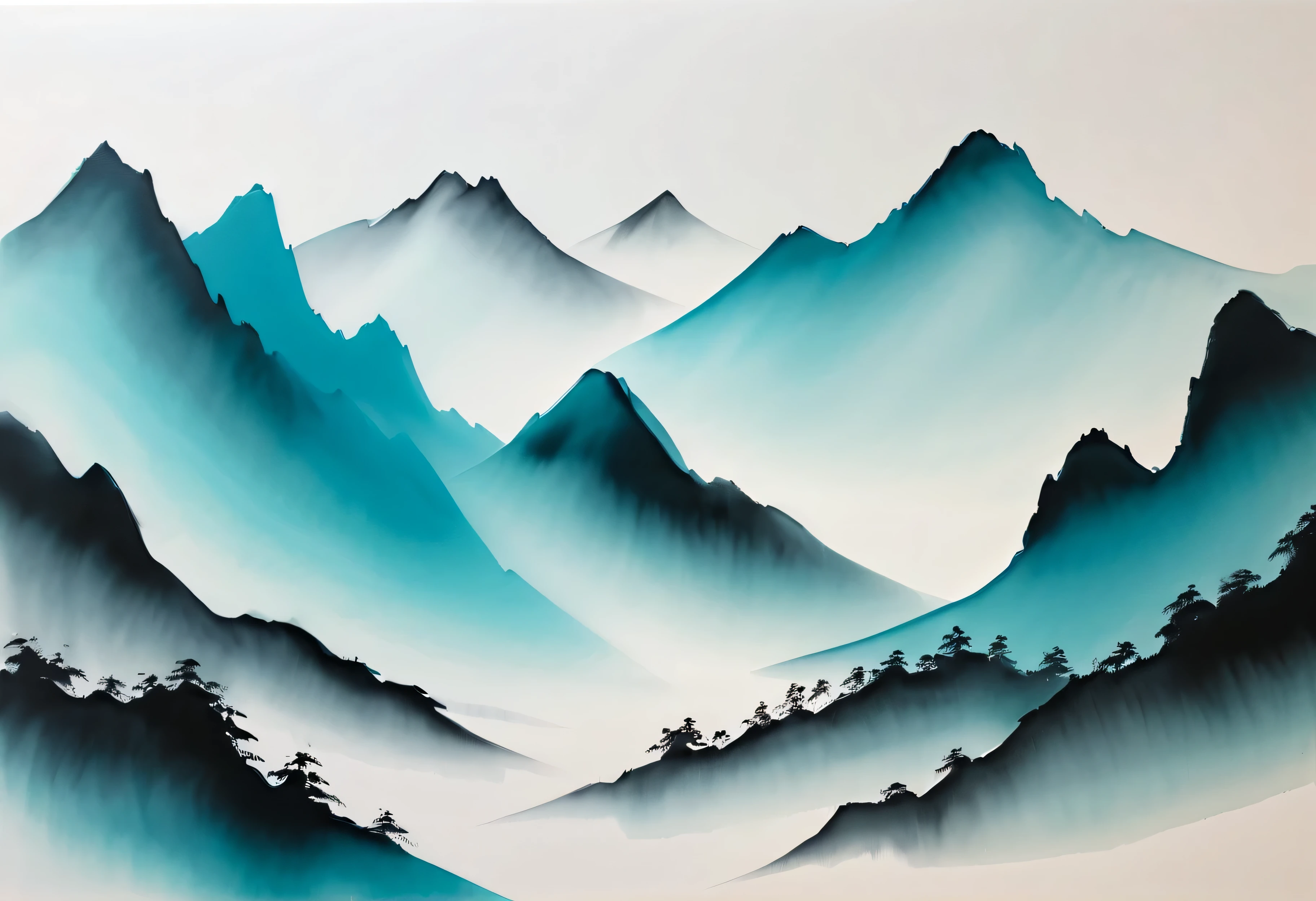 chinese brush painting, Cyan and white, minimal, Lines, White background,no human,mountain