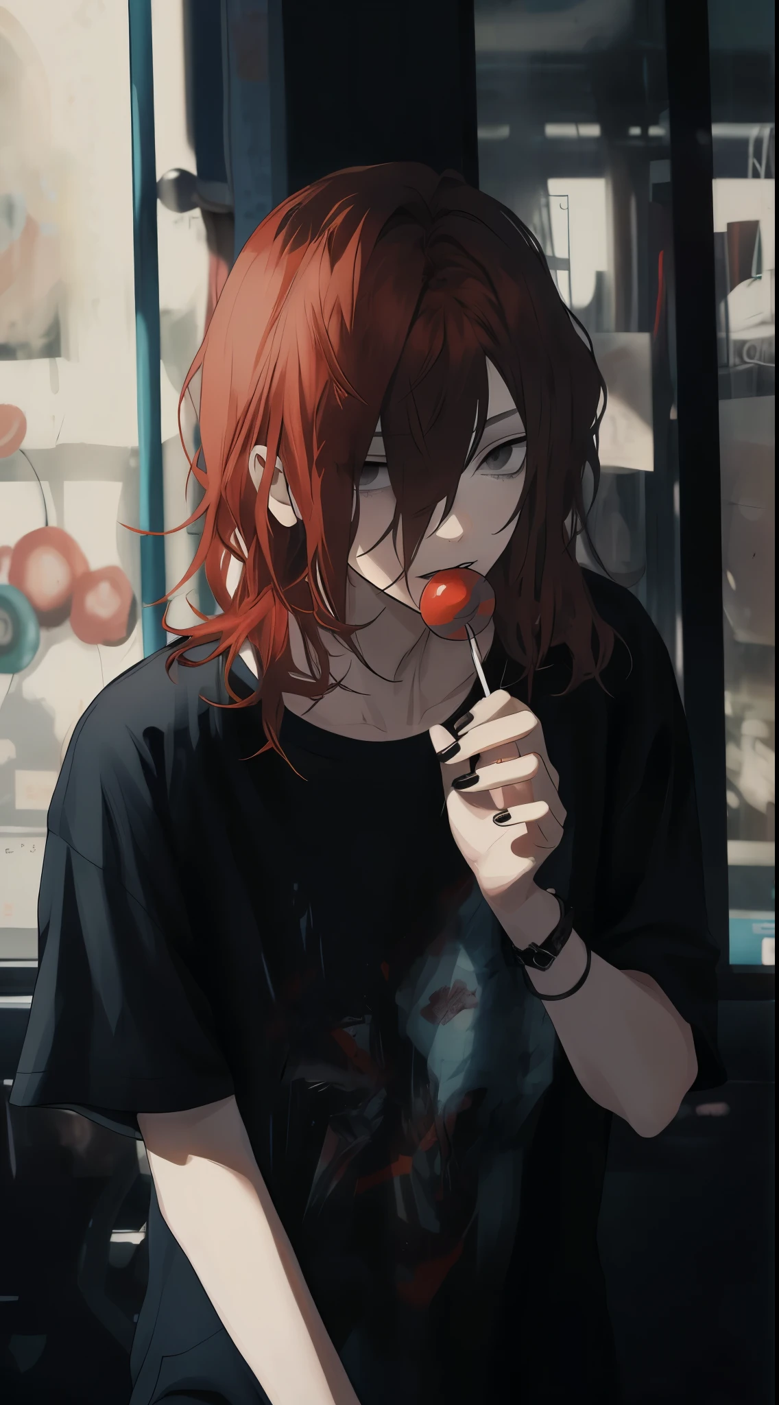 ((gray eyes)), thick lips, Beautiful young man, red hair, shoulder length hair, slit eyes, lollipop, black casual clothes, monotone room,high quality, amount of drawing, pixiv illustration
