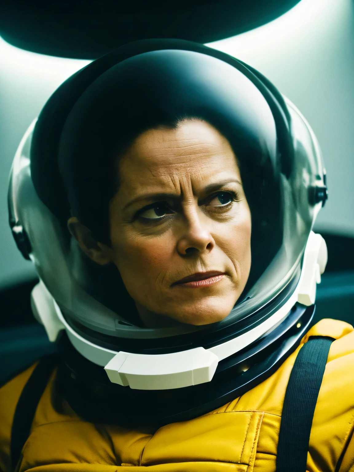 imagem fiel da atriz Sigourney Weaver com 30 anos e vestida de tenente Ripley do filme "Alien", in a spacesuit with luminous helmet and fogged with breath, face de susto, she is scared, she's terrified, nervosa, testa enrugada, sobrancelha na diagonal, brava, dentes cerrados, boca aberta, inside the nostromo spacecraft
