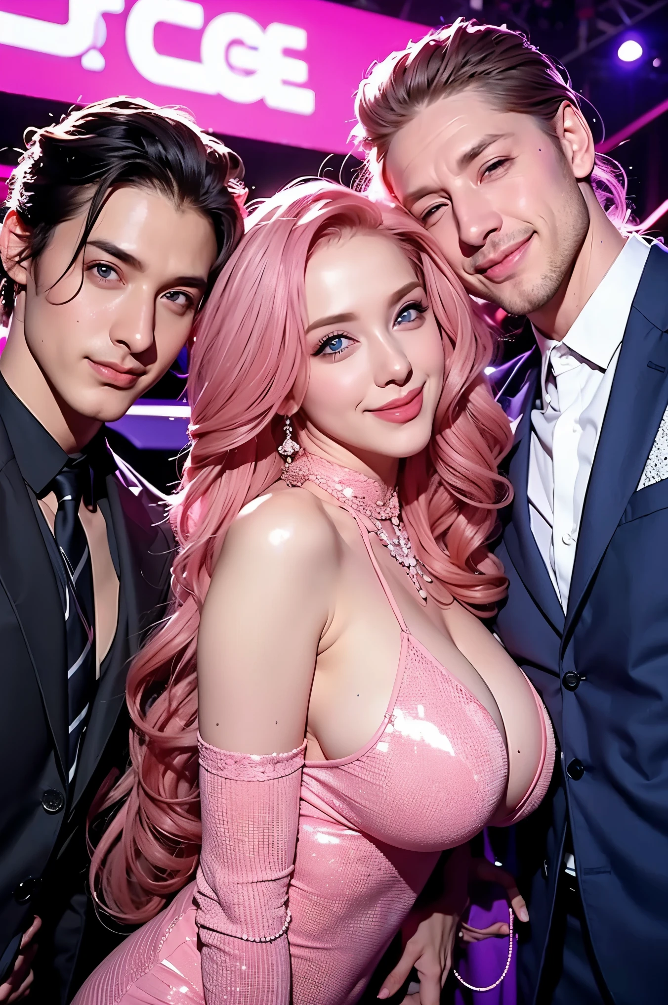 Woman, long curly hair, pink hair, blue eyes, smile, party, sexy nightclub,Two men next to the woman who is in the middle, Two men , Three people, one woman 