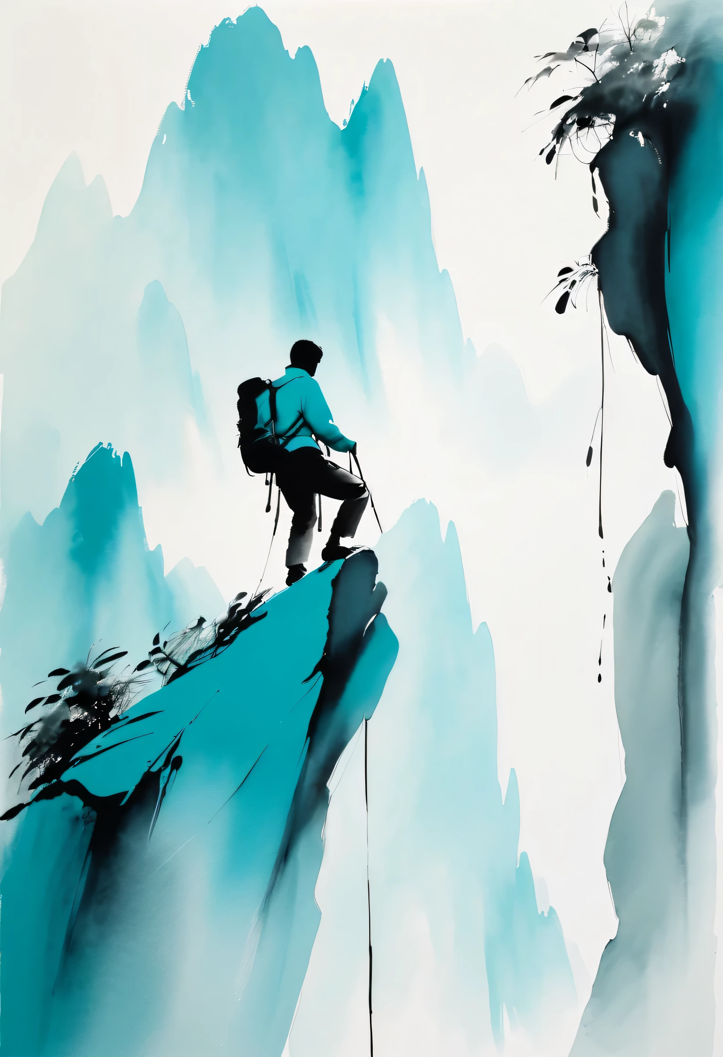 chinese brush painting, climbing mountain,Cyan and white, minimal, Lines, White background