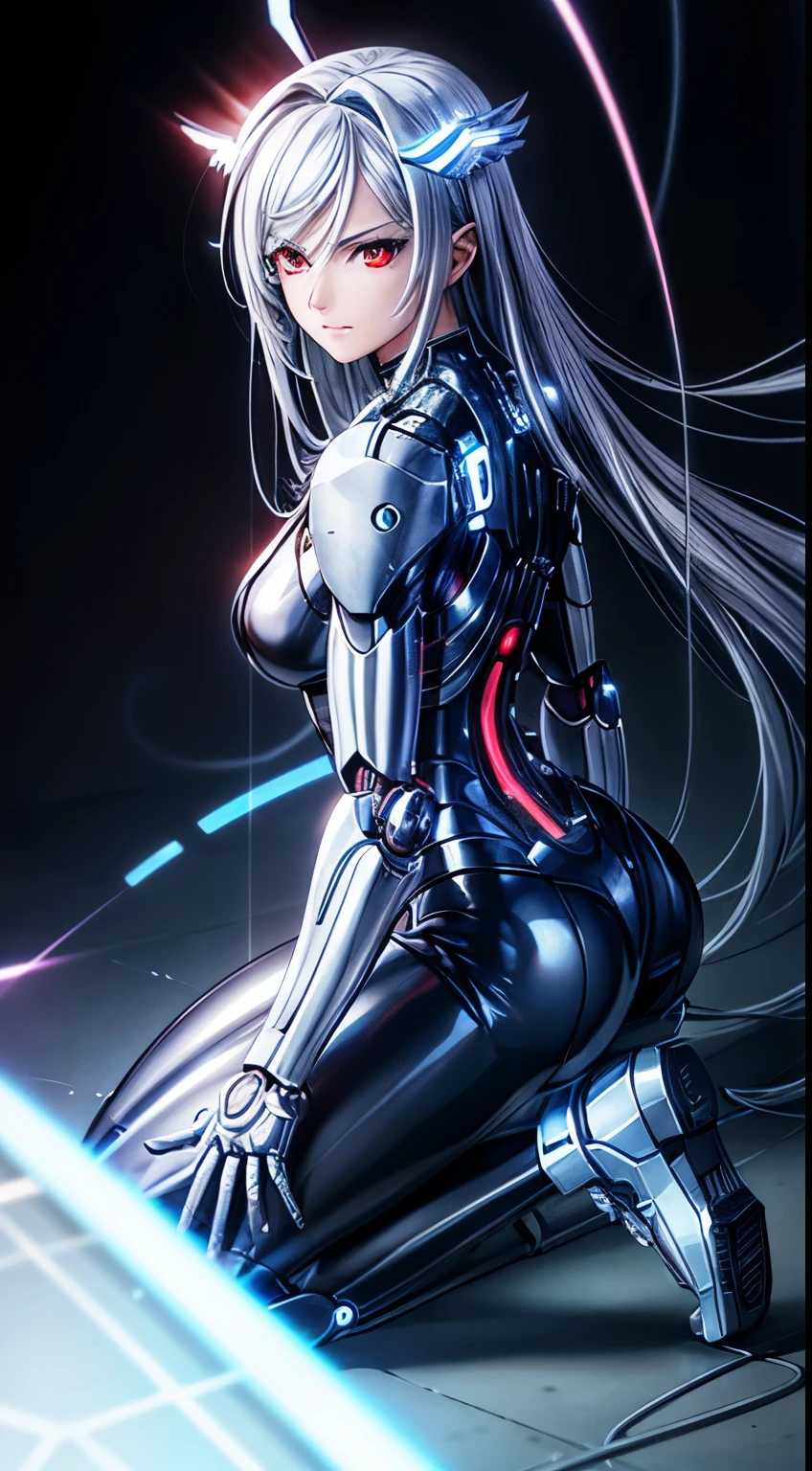 top-quality、​masterpiece、超A high resolution、(Photorealsitic:1.4)、女の子1人、silver hair、Straight hair, shiny and clean hair、White shiny skin、Sexy Cyberpunk Girl、((super realistic details))、Shadow、octan render、ultrasharp、hyperdetailed face、Fiberglass、Luminous tube、highly intricate detail、Realistic light、CGSoation Trends、(red eyes with slit pupils)、(Facing the camera)、neon details、Mechanical limbs、Mechanical vertebrae attached to the back、mechanical cervical attaching to neck、Wires and cables connecting to the head、((valkyrie))、((Beam Cannon))、Combat stance、((seductive pose:0.8))、full body、glaring、