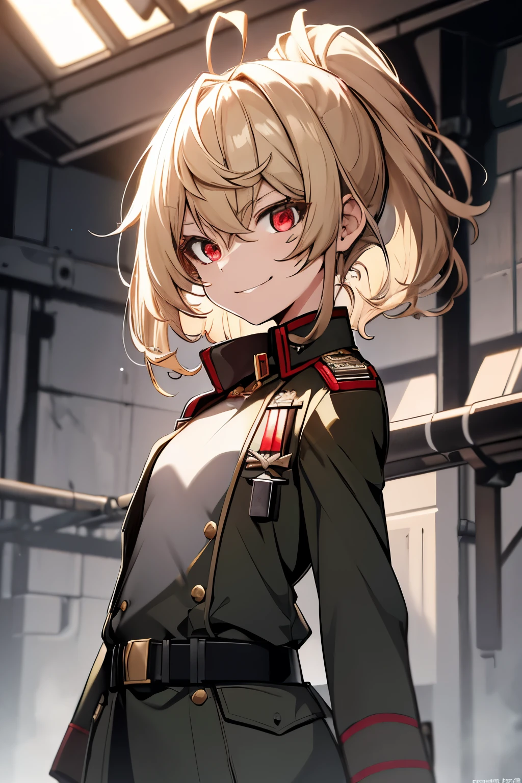 (masterpiece, best quality: 1.1), 1girl solo, tanya, 1girl, solo, , flat chest, small breasts, curvy, military, military uniform, ,, evil smile, wicked expression, anger, red eyes, neutral lighting