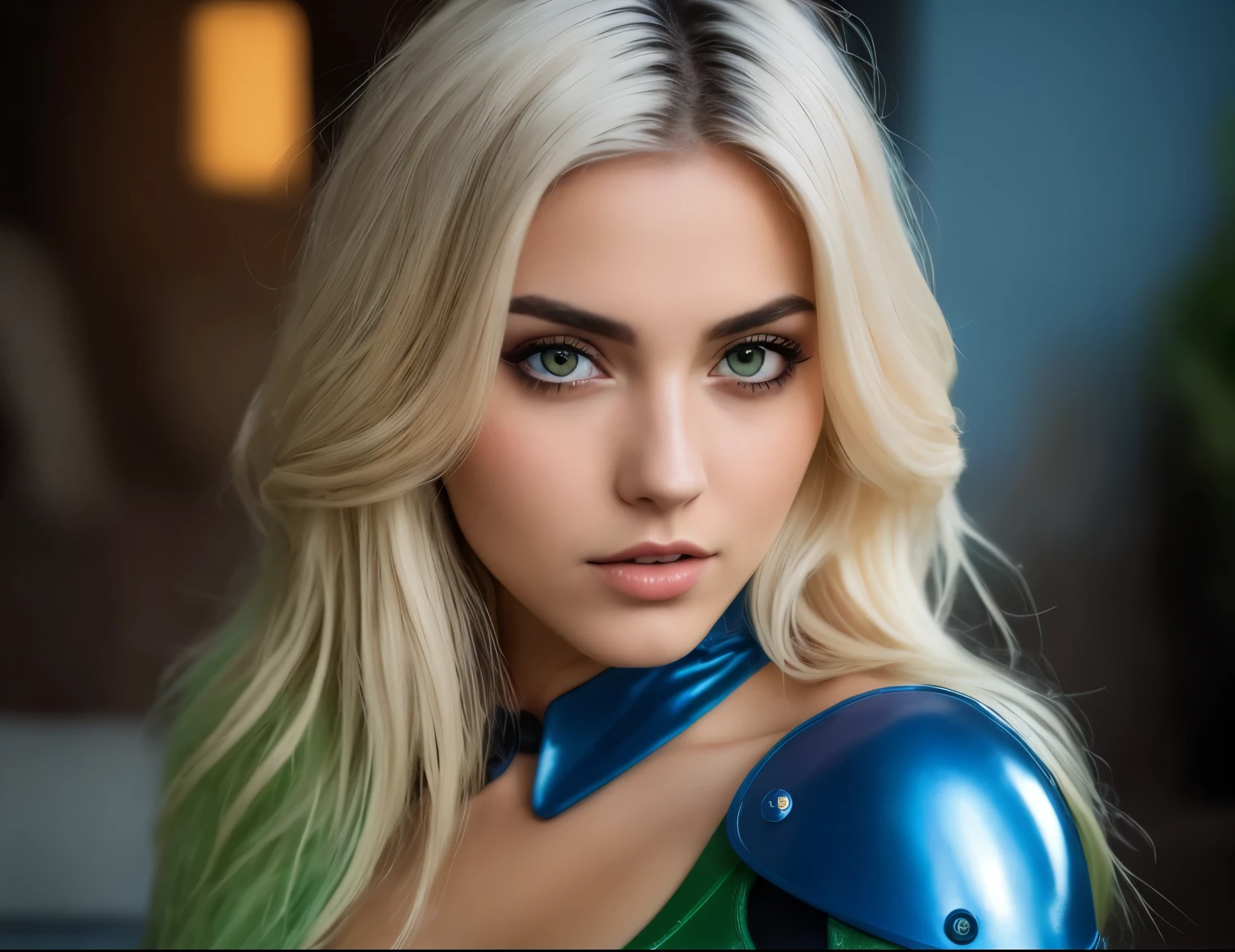 Mujer rubia vestida de verde y azul posando para una foto., impresionante primer plano, 8K Artistic Seed Bokeh, Retrato de la bella Samus Aran, Retrato de 60 mm, Annasophia Robb como Link, retrato de 70 mm, retrato, caballeros del zodiaco, , paloma cameron con una armadura de caballero, retrato de 50 mm, como personaje de Overwatch
