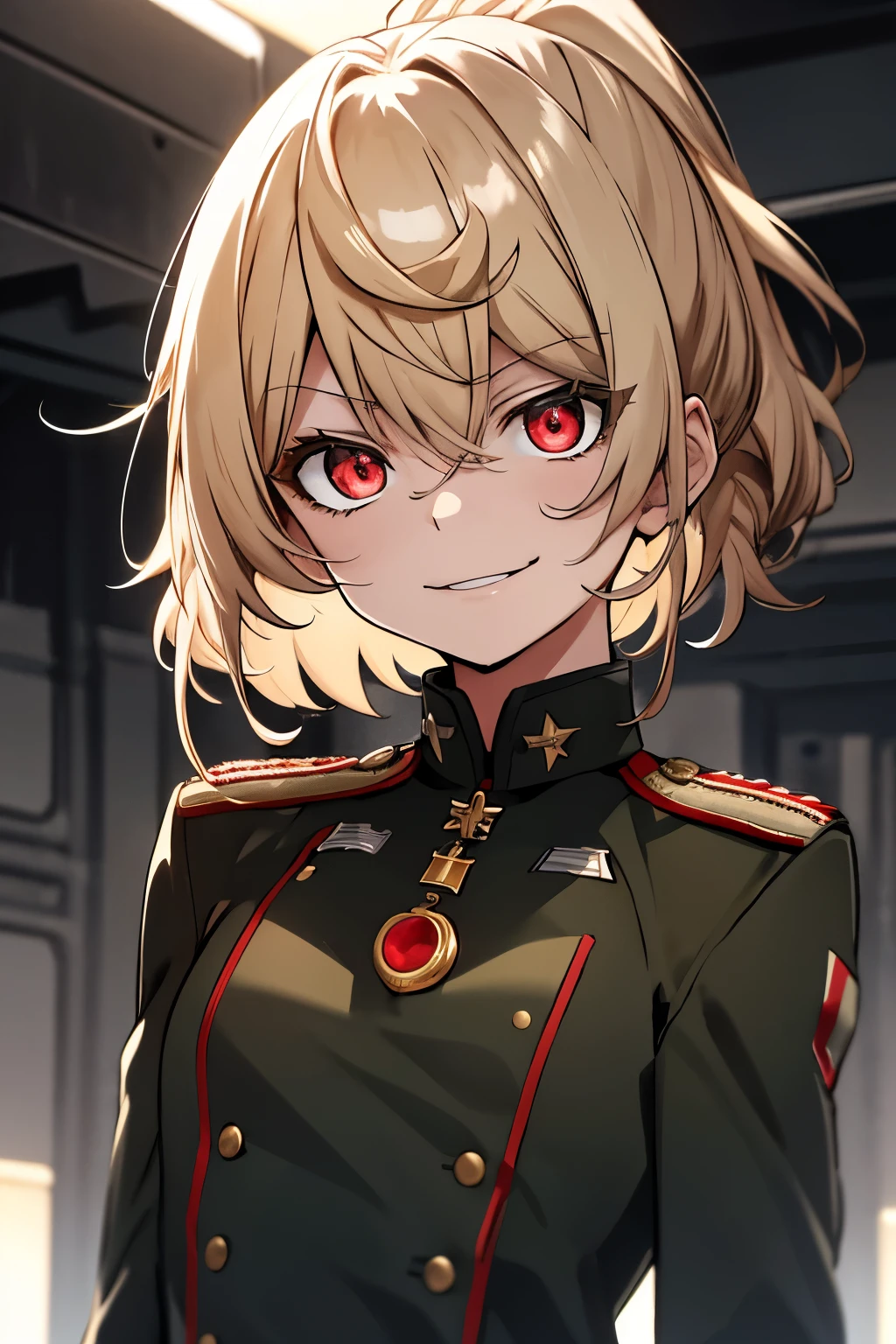 (masterpiece, best quality: 1.1), 1girl solo, tanya, 1girl, solo, , flat chest, small breasts, curvy, military, military uniform, ,, evil smile, wicked expression, anger, red eyes, neutral lighting