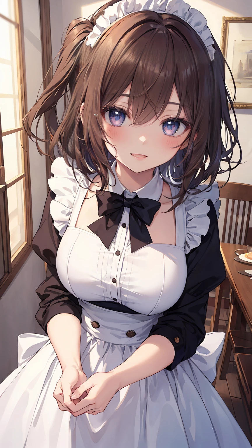 ((8Kmasterpiece,highest quality)), ultra high resolution, (masterpiece: 1.4), hyper detail, (((1 girl))),cute,perfect anatomy,( face),beautiful and delicate eyes,purple eyes,Big eyes,shining eyes of light,Fine and long lashes,detailed light,beautiful face,((brown hair)),((Side tail)),blush,shy smile,(open your mouth),big breasts, slender body,Maid Cafe Clerks,Indoors with a pink atmosphere,cake, looking at the viewer