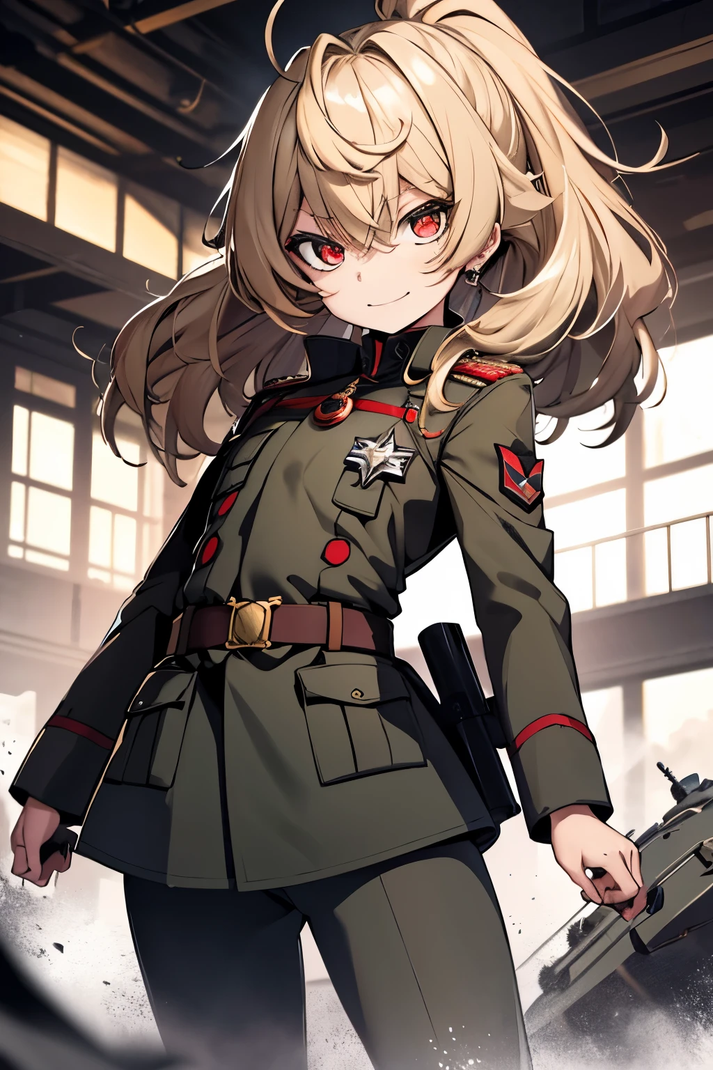 (masterpiece, best quality: 1.1), 1girl solo, tanya, 1girl, solo, , flat chest, small breasts, curvy, military, military uniform, ,, evil smile, wicked expression, anger, red eyes, neutral lighting