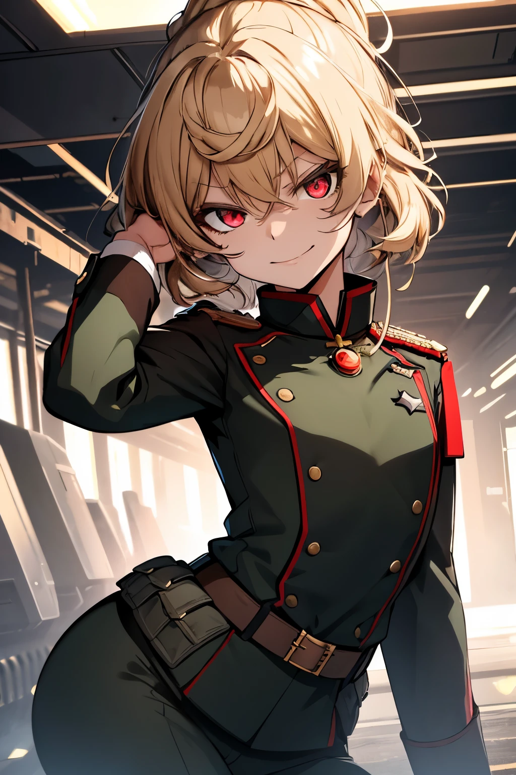 (masterpiece, best quality: 1.1), 1girl solo, tanya, 1girl, solo, , flat chest, small breasts, curvy, military, military uniform, ,, evil smile, wicked expression, anger, red eyes, neutral lighting