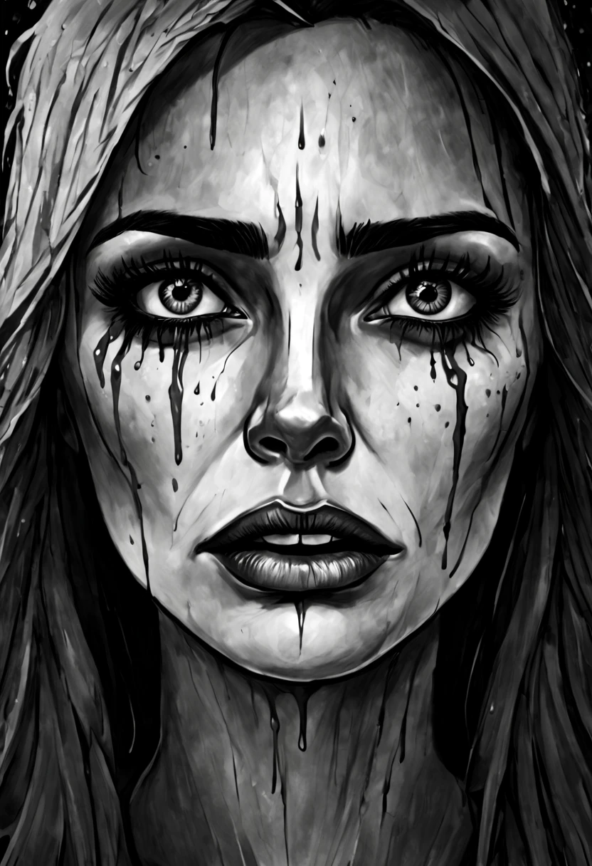 a drawing of a woman with tears on her face, tears dripping from the eyes, tears drip from the eyes, tears running down face, crying tears, tears from the eyes, tears in eyes, sad eyes tears, teary eyes, with tears, woman crying, tear drops, crying many tears, tears running down, charcoal art, people cryingphotorealistic, best quality, masterpiece, rainy graveyard, spirit dark theme