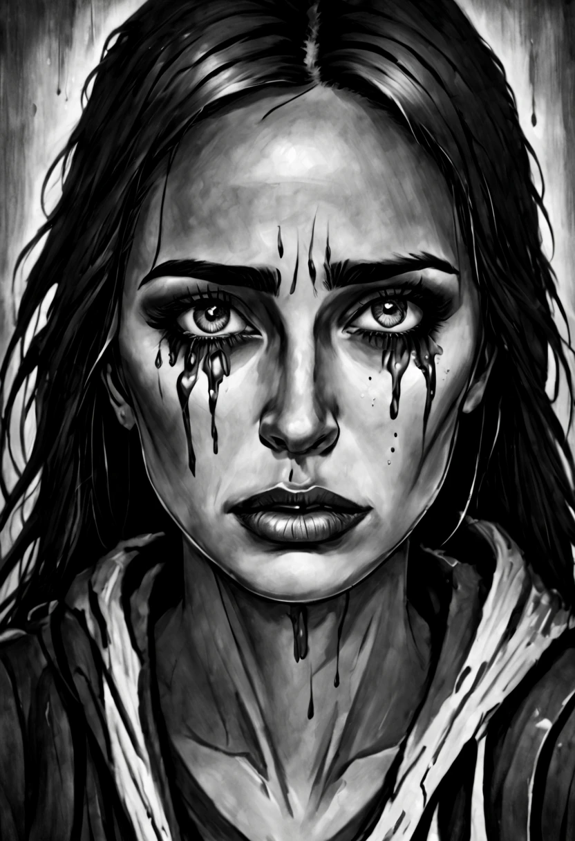 a drawing of a woman with tears on her face, tears dripping from the eyes, tears drip from the eyes, tears running down face, crying tears, tears from the eyes, tears in eyes, sad eyes tears, teary eyes, with tears, woman crying, tear drops, crying many tears, tears running down, charcoal art, people cryingphotorealistic, best quality, masterpiece, rainy graveyard, spirit dark theme