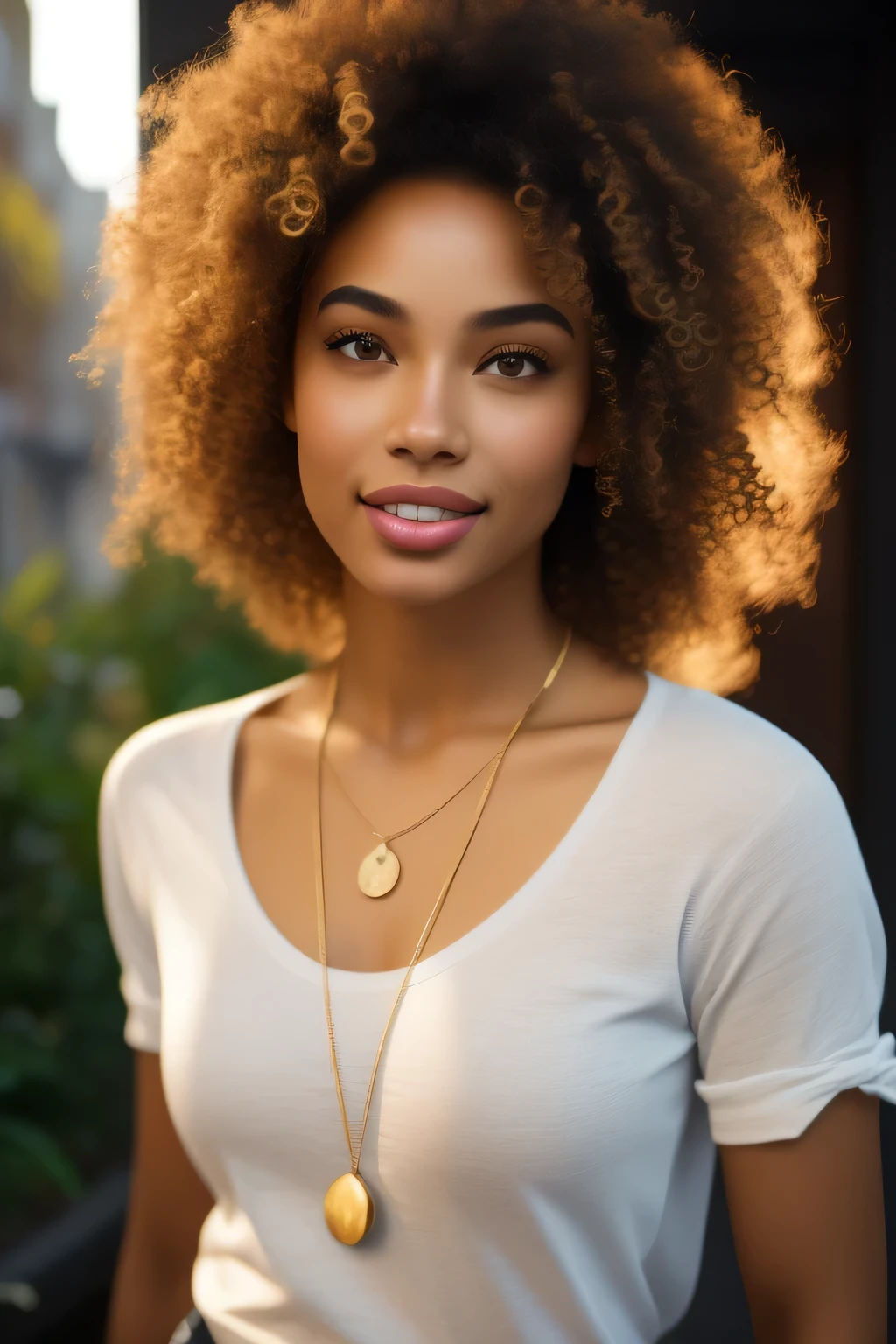 (front view) very detailed photograph of a mixed race woman, light skin, (with curly hair), (symmetric beautiful face) nice and well defined nose, proportioned and full lips, stunning realistic photography, fit body, jeans, white shirt, gold neckless, realistic soft color, laughing with friends, octane render, intricately detailed, sharp focus, stunning full color, shot on DSLR camera, 32k resolution, best quality, (focus on skin texture)