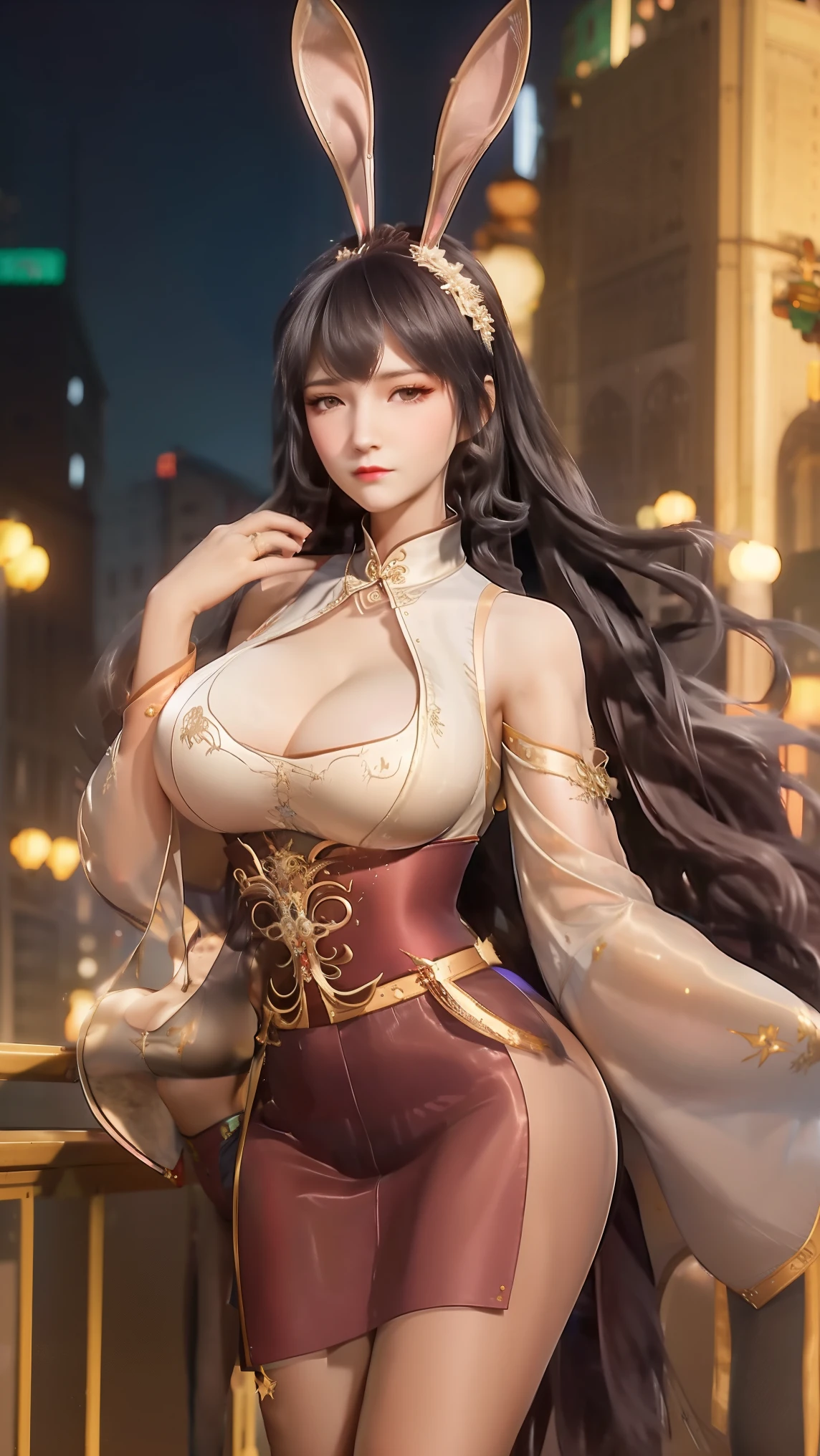 1 girl,Rabbit ears,long skirt,long hair, hair accessories, ponytail, collar,metal collar,shining,city View, night, looking at the audience, adult,pantyhose,,cowboy shooting,huge boobs,Show breasts,Show breasts,huge