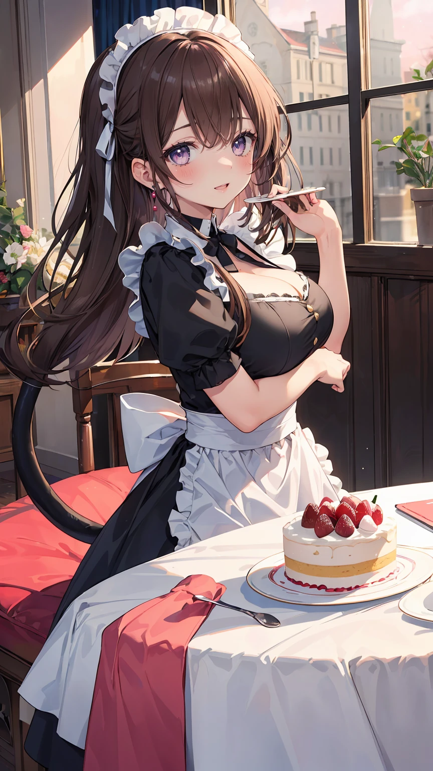 ((8Kmasterpiece,highest quality)), ultra high resolution, (masterpiece: 1.4), hyper detail, (((1 girl))),cute,perfect anatomy,( face),beautiful and delicate eyes,purple eyes,Big eyes,shining eyes of light,Fine and long lashes,detailed light,beautiful face,((brown hair)),((Side tail)),blush,shy smile,(open your mouth),big breasts, slender body,Maid Cafe Clerks,Indoors with a pink atmosphere,cake, looking at the viewer