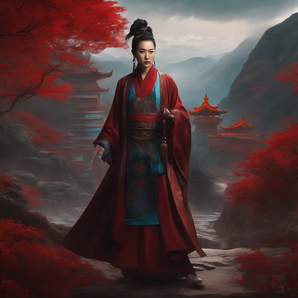 cyberpunk character，Taoist garments，cultivation of immortals，water ink，High hills，self-confident，Magic Wind Road Bone，Blood flow in the background

