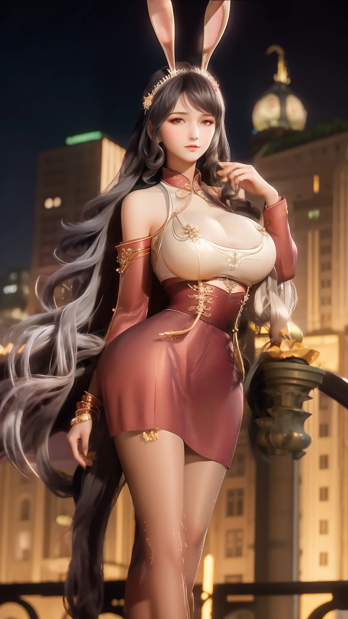 1 girl,Rabbit ears,long skirt,long hair, hair accessories, ponytail, collar,metal collar,shining,city View, night, looking at the audience, adult,pantyhose,cowboy shooting,huge ,Show breasts,Show breasts,
