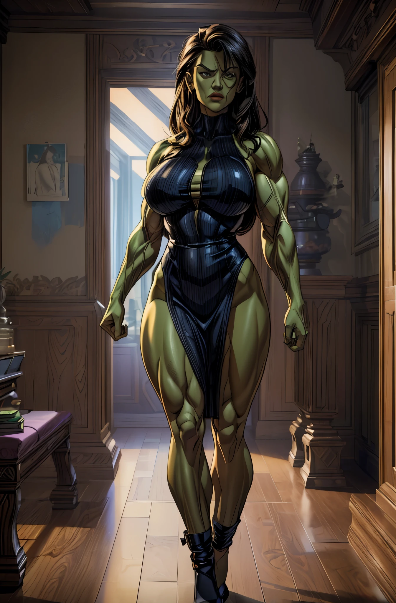 (best quality,4k,8k,highres,masterpiece:1.2),ultra-detailed,(realistic,photorealistic,photo-realistic:1.37),HDR,UHD,studio lighting,ultra-fine painting,sharp focus,physically-based rendering,extreme detail description,professional,vivid colors,bokeh,portraits,black pelvic curtain dress, ,high heels, room, woman, walking,hulk, she-hulk, Jane Foster, hyper muscular, ((((Huge Muscles)))), huge bulging breasts, seductive, sexy, alluring, dynamic, action background
