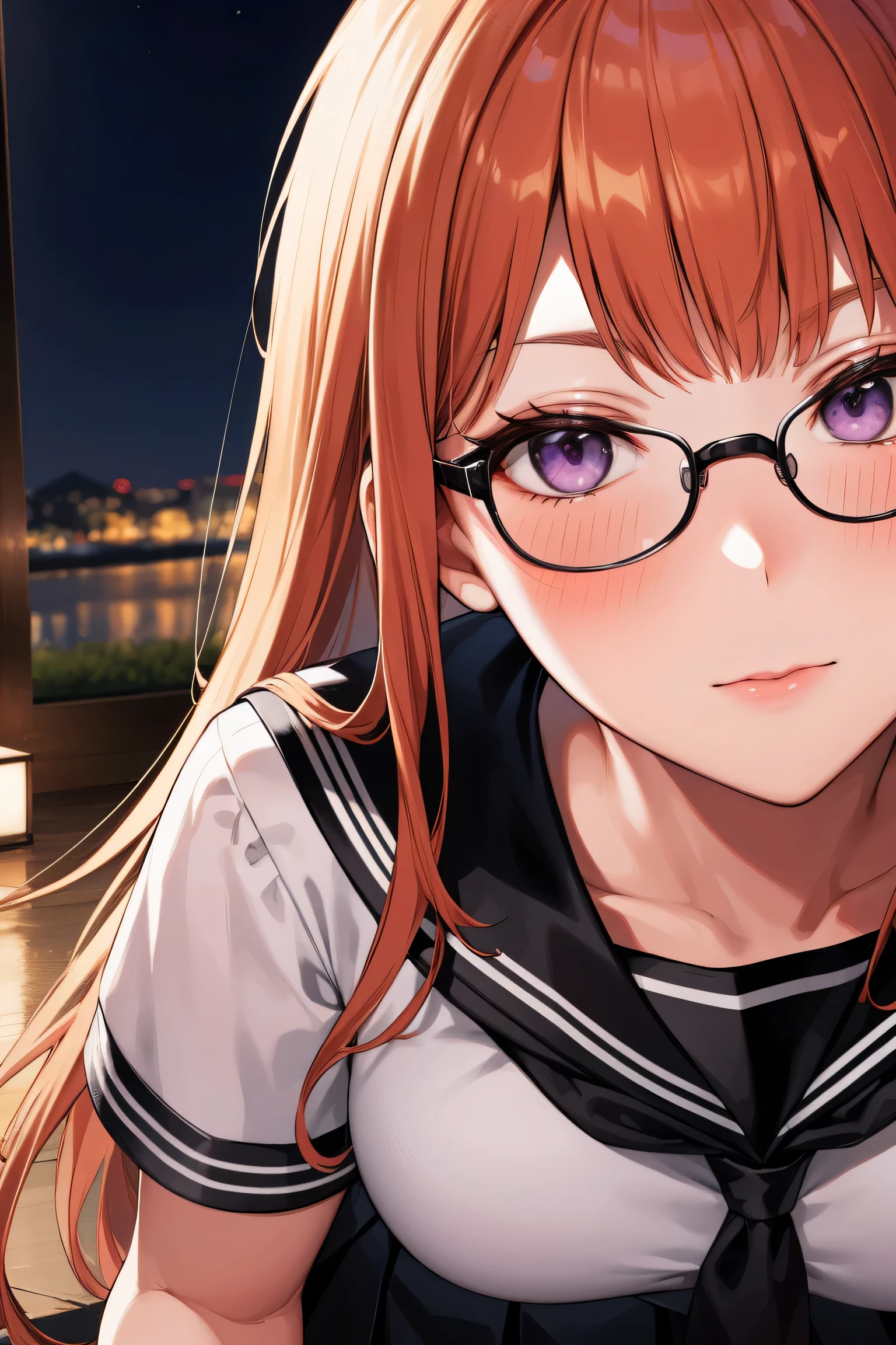 futabasakura, futaba sakura, orange hair, glasses, long hair, (purple eyes:1.1), ahoge,
BREAK  (black serafuku, black sailor collar, white neckerchief, black shirt, short sleeves, pleated skirt, black skirt:1.2), 
BREAK looking at viewer,((disgust, disdain, blush, close up)), ((upper body, close-up)), confronting viewer,20yo,mature female,Beautiful Finger,Beautiful long legs,Beautiful body,NSFW,
BREAK (Night:1.7), Japan, Tokyo, CityView, Before Window,
BREAK (masterpiece:1.2), best quality, high resolution, official art,extremely detailed CG unity 8k wallpaper, perfect lighting,Colorful, Bright_Front_face_Lighting, (masterpiece:1.0),(best_quality:1.0), ultra high res,4K,ultra-detailed, photography, 8K, HDR, highres, absurdres:1.2, Kodak portra 400, film grain, blurry background, bokeh:1.2, lens flare, (vibrant_color:1.2) (Beautiful,large_Breasts:1.4), (beautiful_face:1.5),(narrow_waist), (perfect hands, perfect anatomy),