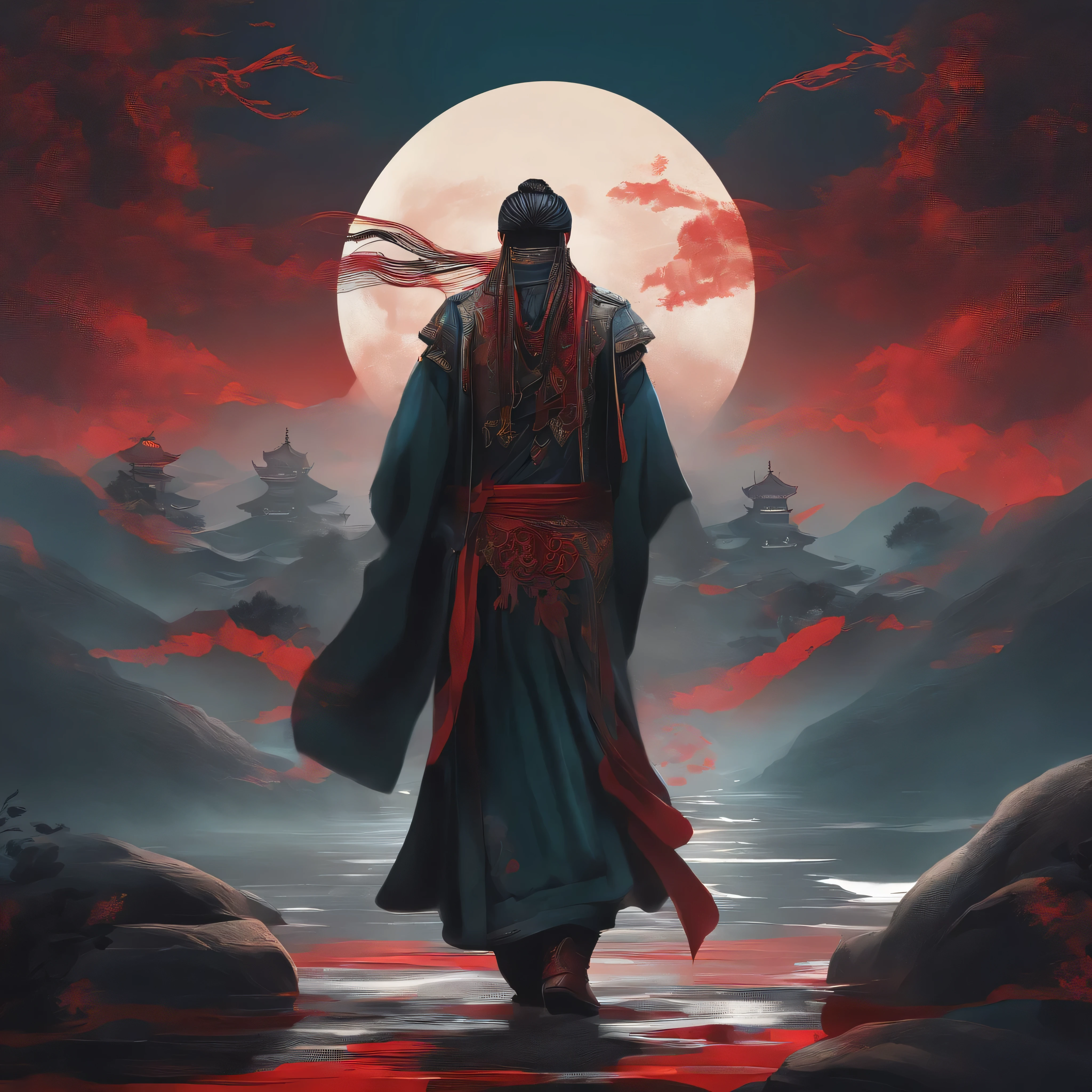 cyberpunk character,Taoist clothing,cultivation of immortals,water ink,High hills,self-confident,Wind Road Magic Bone,Blood flow in the background