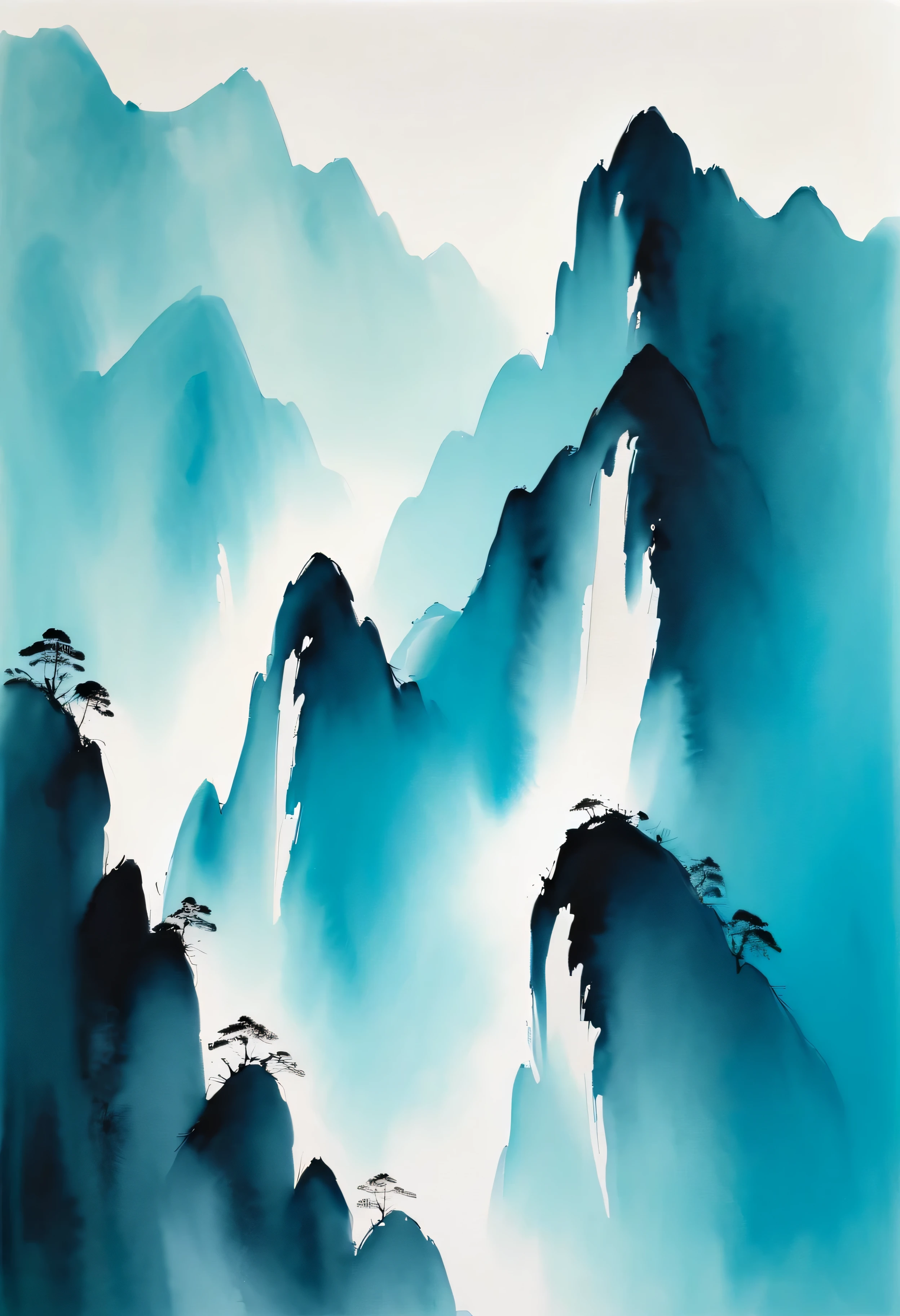 Chinese ink painting, climbing mountain,Cyan and white, minimum, Wire, White background