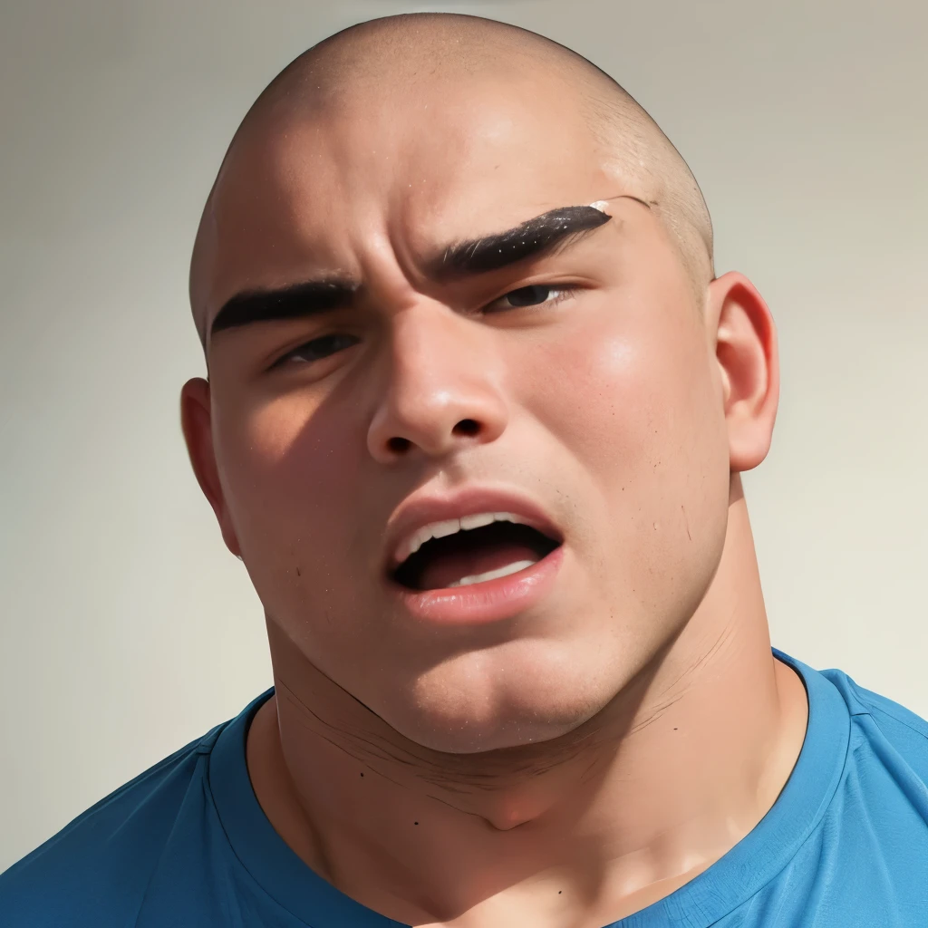(highest quality:1.5), (masterpiece:1.5), (simple room:1.1), white wall, (Japanese:1.2), solo, shaved head, (macho:1.2), (huge body:1.4), fat, 22 years old, (from front:1.8), short sleeve blue pajamas, (Expression of feeling:1.5), His mouth is slightly open, (close-up face:1.5),