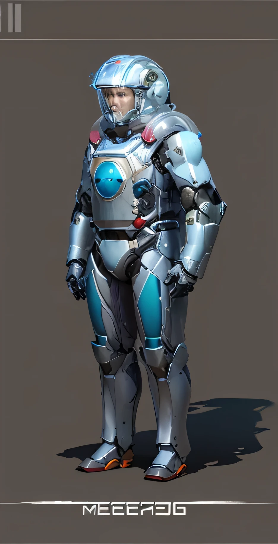 A drawing of a man in a spacesuit standing with hands on hips, Metal gear solid concept art, mechasuit, Wearing a power armor suit, ( ( character concept art ) ), full body mechasuit, fully space suited, Streamlined white armor, Full body armor, Krieger Machinery Company, clear outfit design, Detailed full body concept