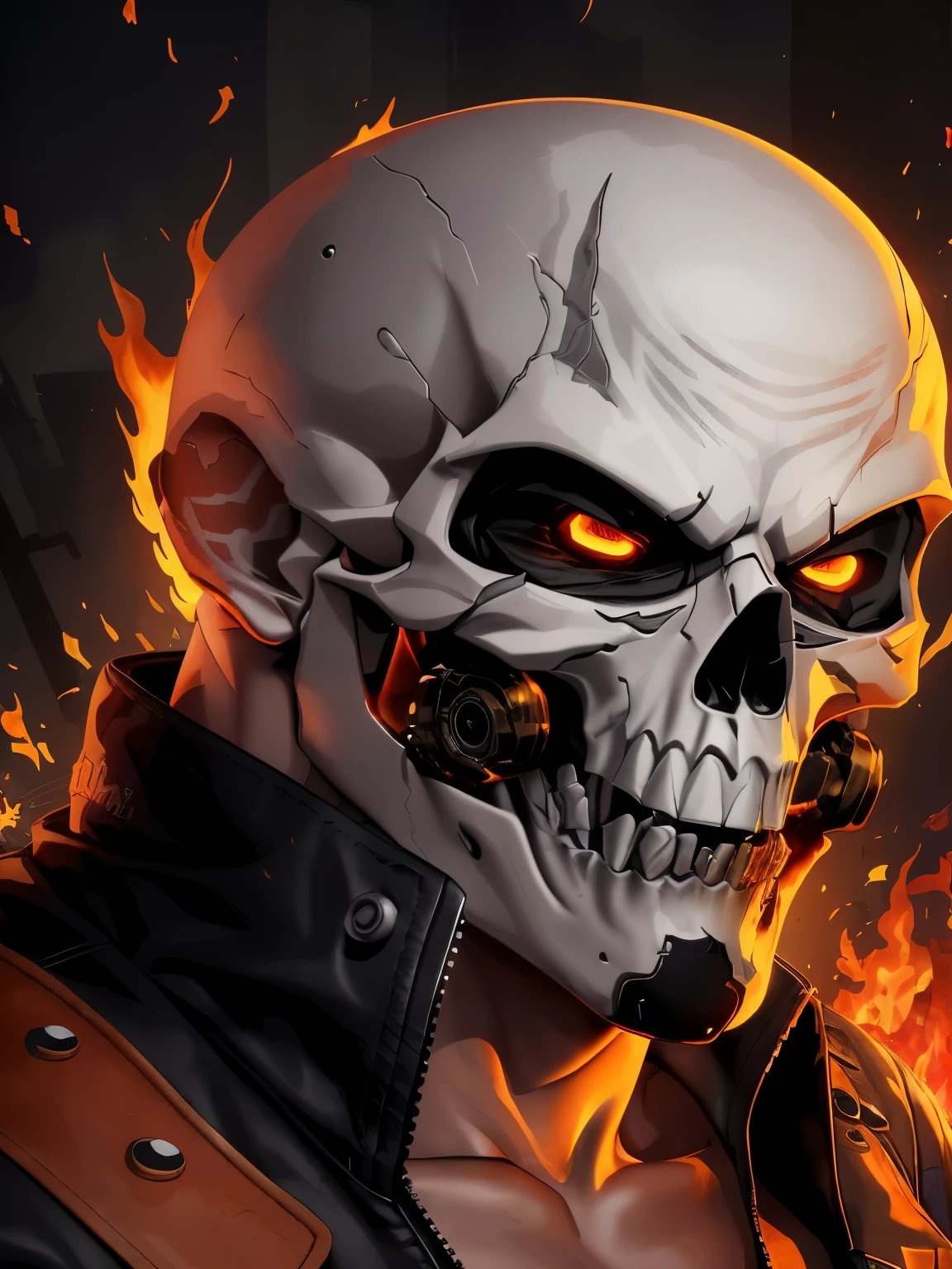 there is a skull with a gun in his mouth and a leather jacket, flaming skull, ghost rider, fiery skull contemplating life, background artwork, badass anime 8 k, skull like, skull head, 4k detailed digital art, skull face, glowing red skull, full color digital illustration, fantasy skull, portrait of a cyber skeleton, detailed art, heavy metal art style