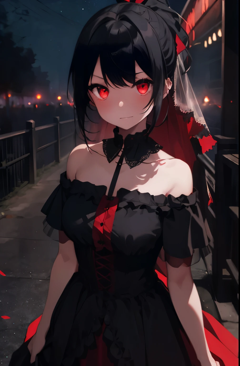 A cute ghostly girl, black hair, red eyes, black and red tattered clothing, black and red gloves, black stockings, cold stare, ripped clothing, medieval, graveyard background, ghostly red aura