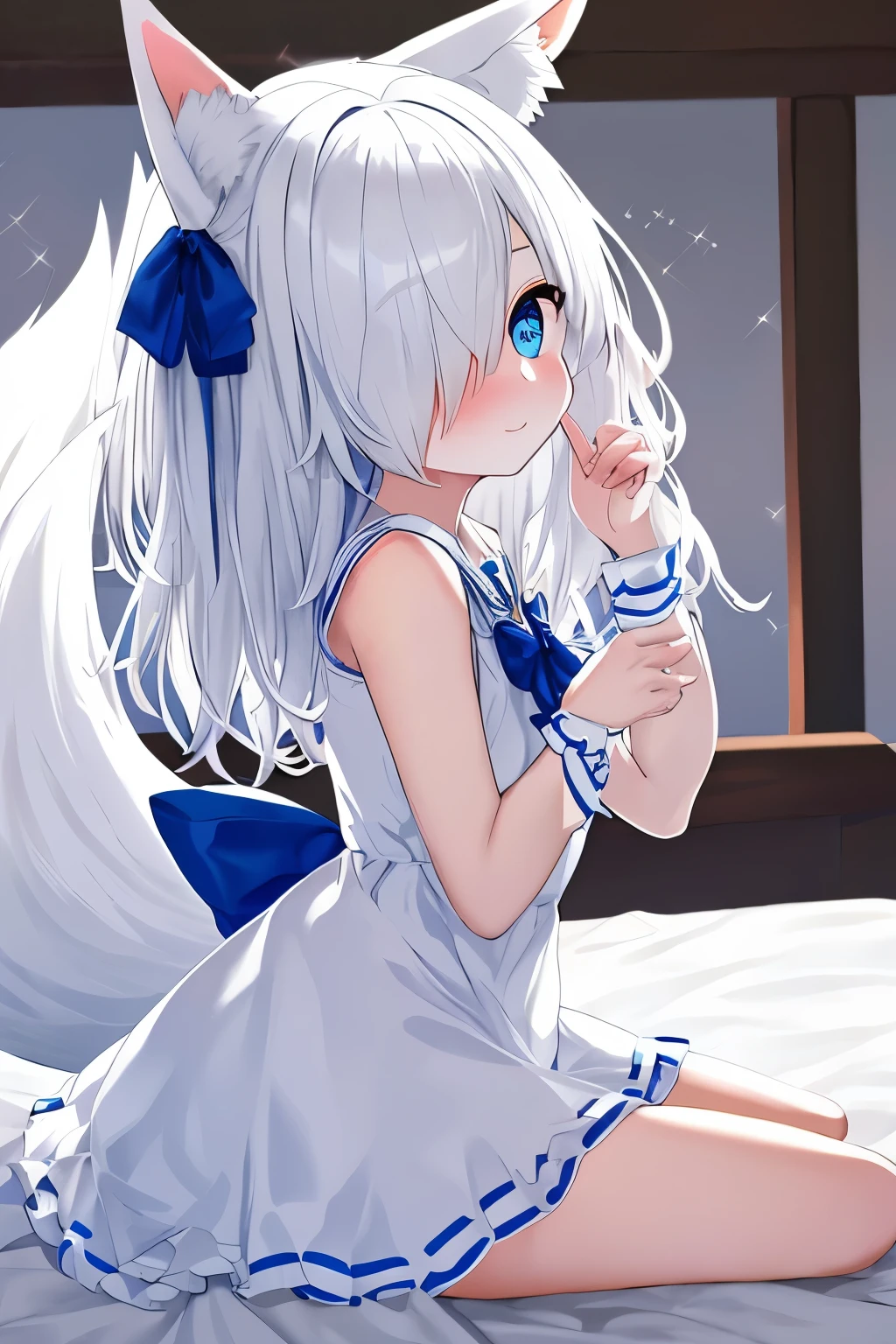 1girl, fox ears, blue eyes, white hair, hair over one eye, from side, pov, sitting, bed sheet, light, nose blush, light smile, white dress, blue bow, sparkle,