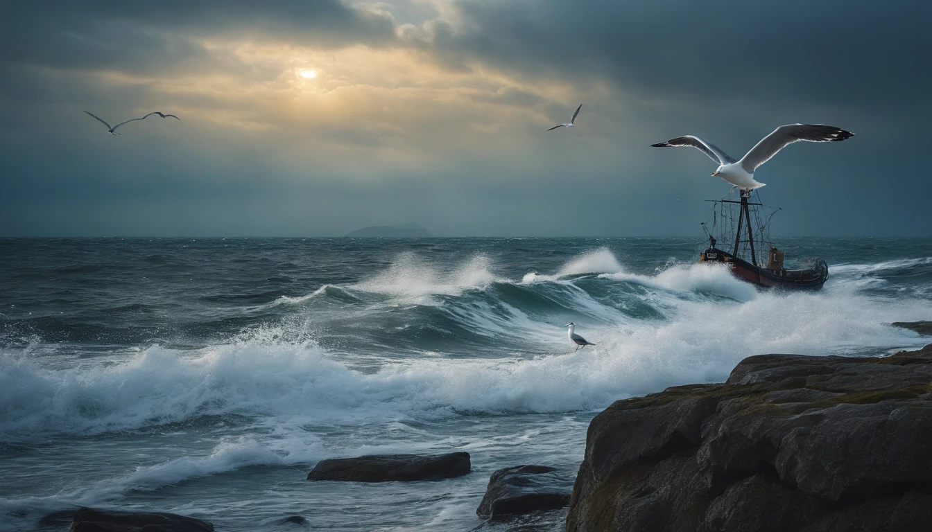 spectacular realistic, Rough sea with falling snow、a seagull、A Japanese fishing boat、evening、